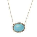 A turquoise and seed pearl set pendantclaw set with an oval turquoise cabochon in a border of seed