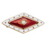 An enamel and diamond set broochof lozenge shape, the red enamel ground set with a small old round-