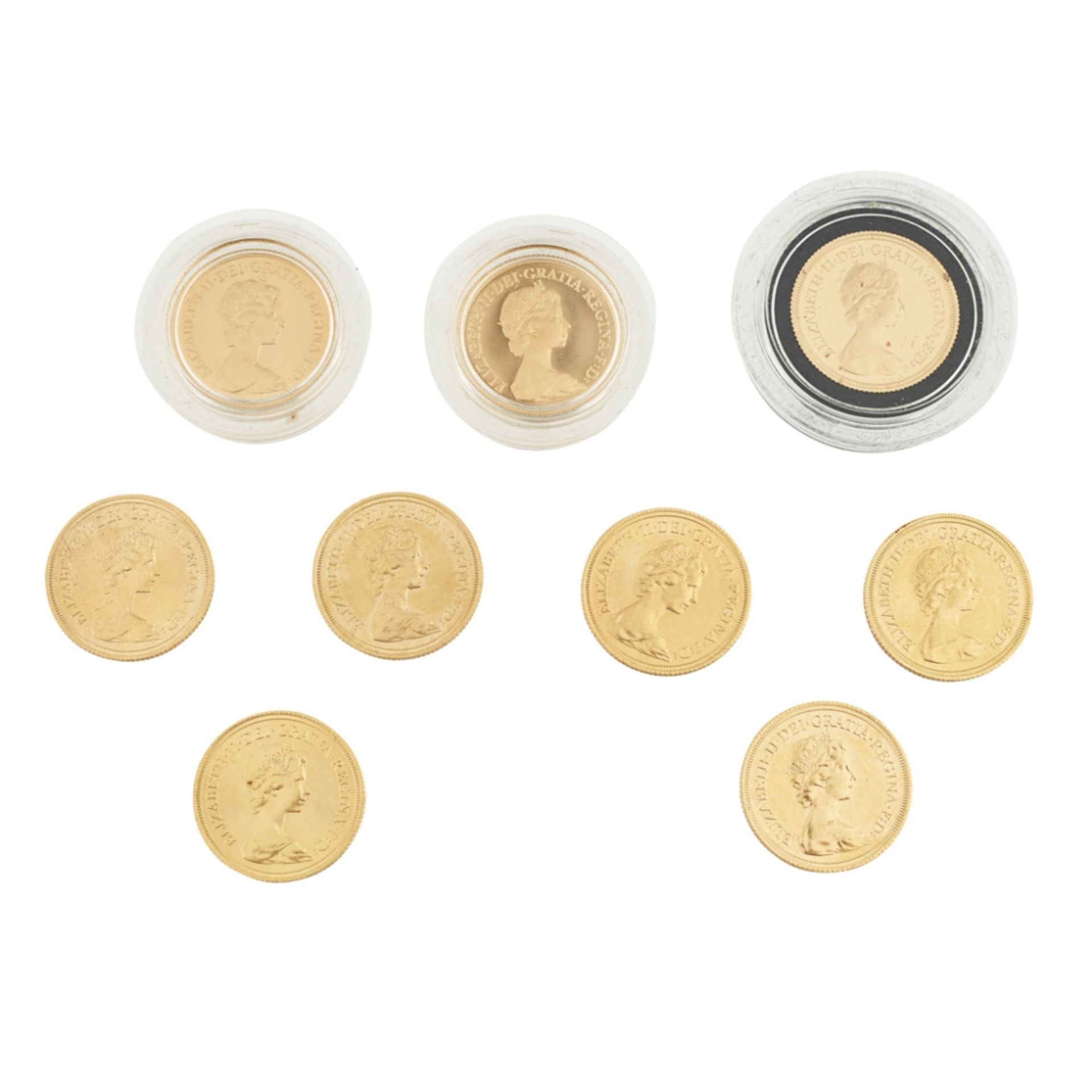 GB - Three proof sovereigns1981, 1981, 1979, together with six near uncirculated sovereigns 1980,