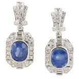 A pair of Art Deco style sapphire and diamond set pendant earrings