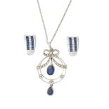 A 9ct white gold sapphire and diamond set pendant necklaceof pierced circular design set