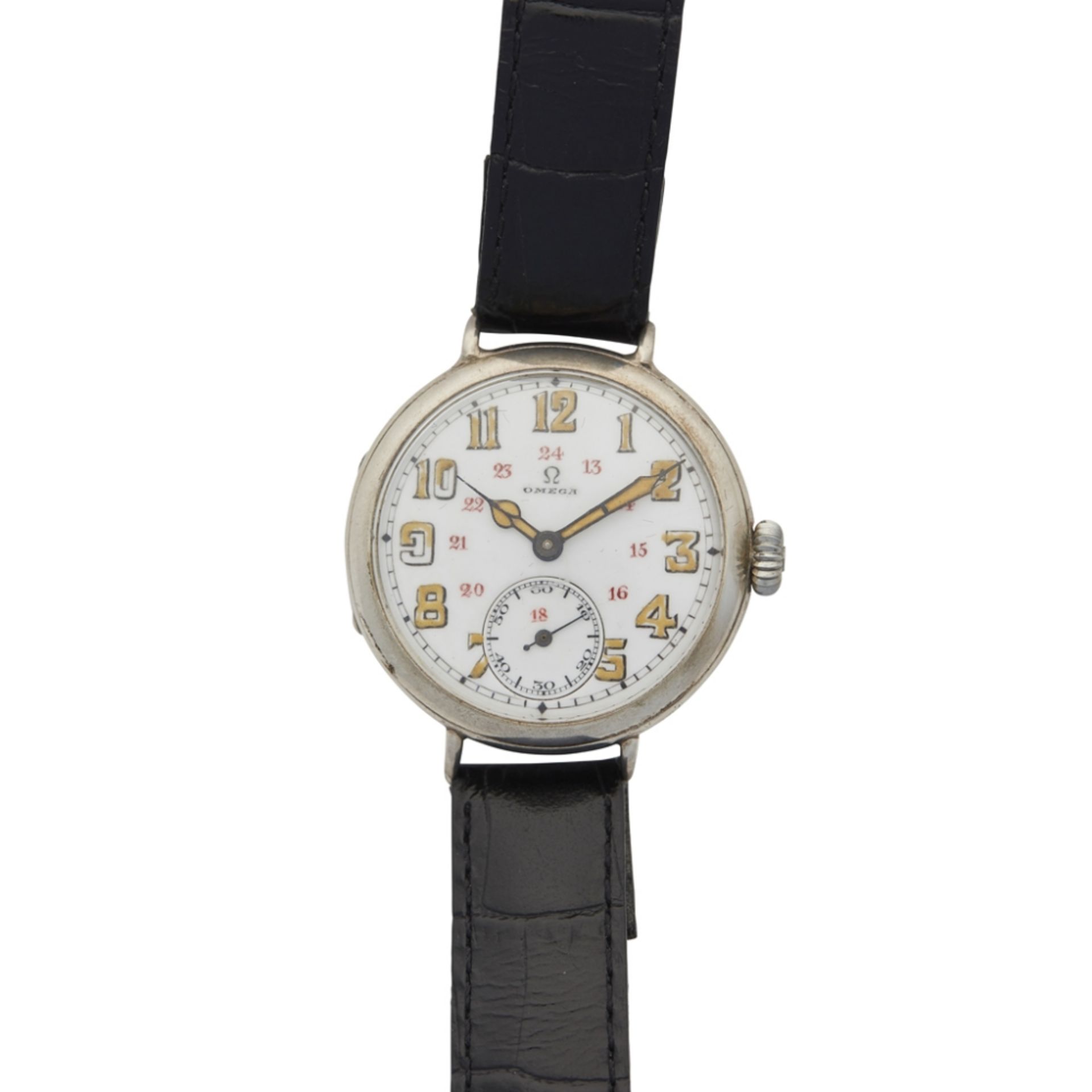 A gentleman's silver cased wrist watch, Omegacirca 1910, the white enamel dial with luminous