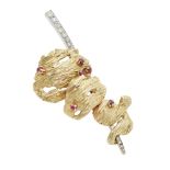 A 1960s 18ct gold ruby and diamond set brooch, de Maurierof abstract design, the principal yellow