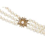 A French mid 20th century pearl necklacecomposed of three strands of graduated cultured pearls, to