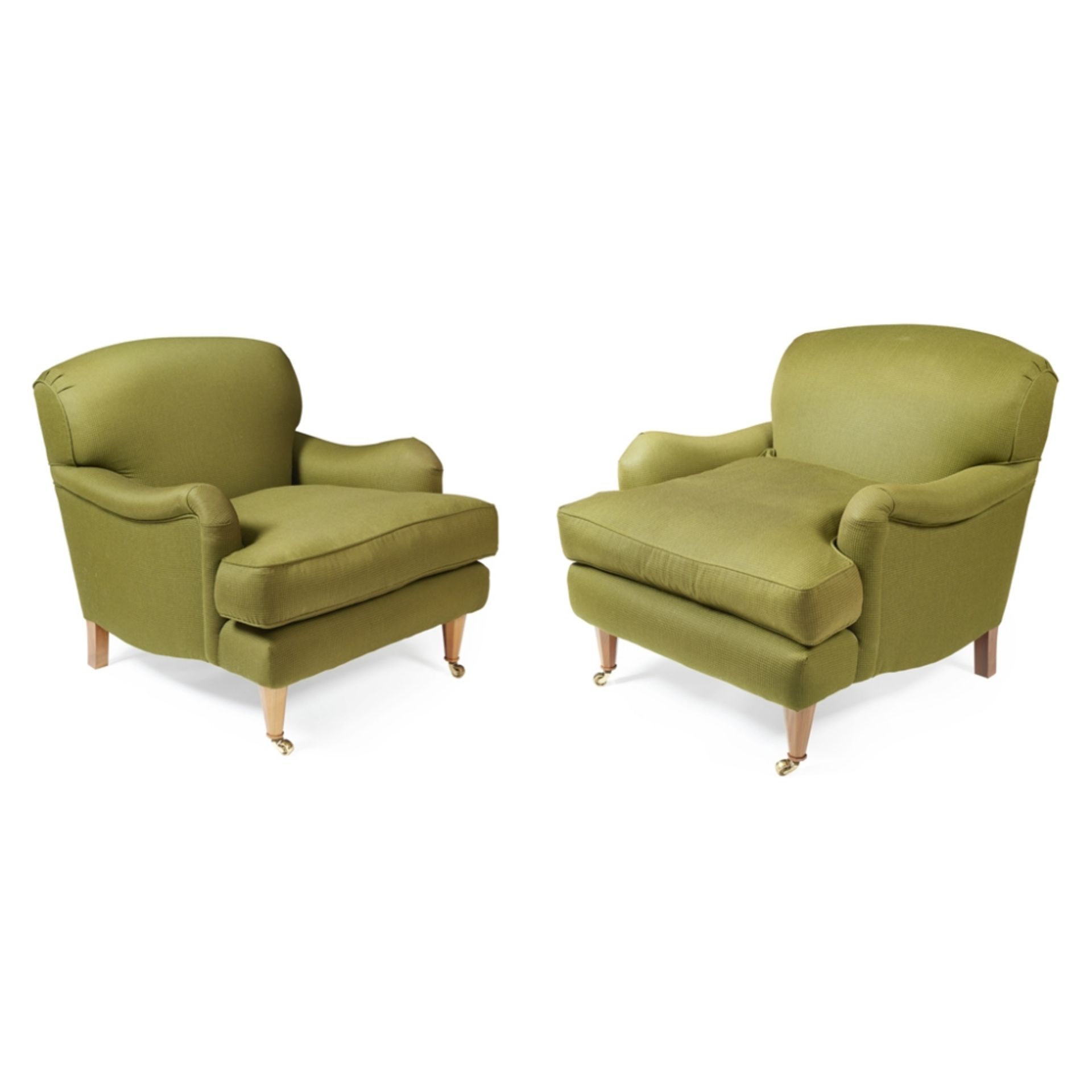 DAVID LINLEY, LONDON PAIR OF UPHOLSTERED EASY ARMCHAIRS, 20TH CENTURY the low backs and scroll