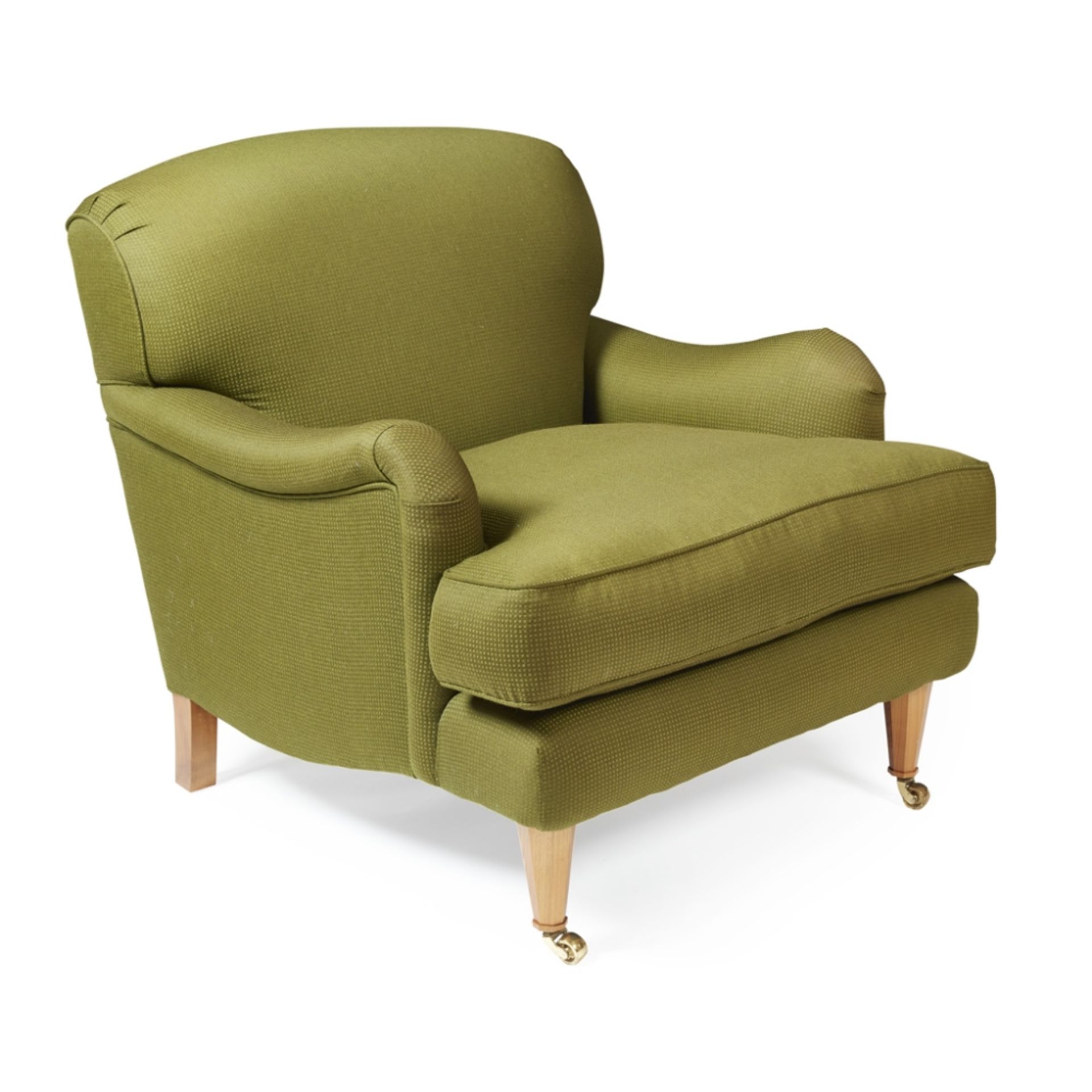 DAVID LINLEY, LONDON PAIR OF UPHOLSTERED EASY ARMCHAIRS, 20TH CENTURY the low backs and scroll - Image 3 of 3