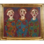 [§] CATRIONA MILLAR (SCOTTISH B.1956) THREE GIRLS IN FLORAL DRESSES Signed with initials, oil on