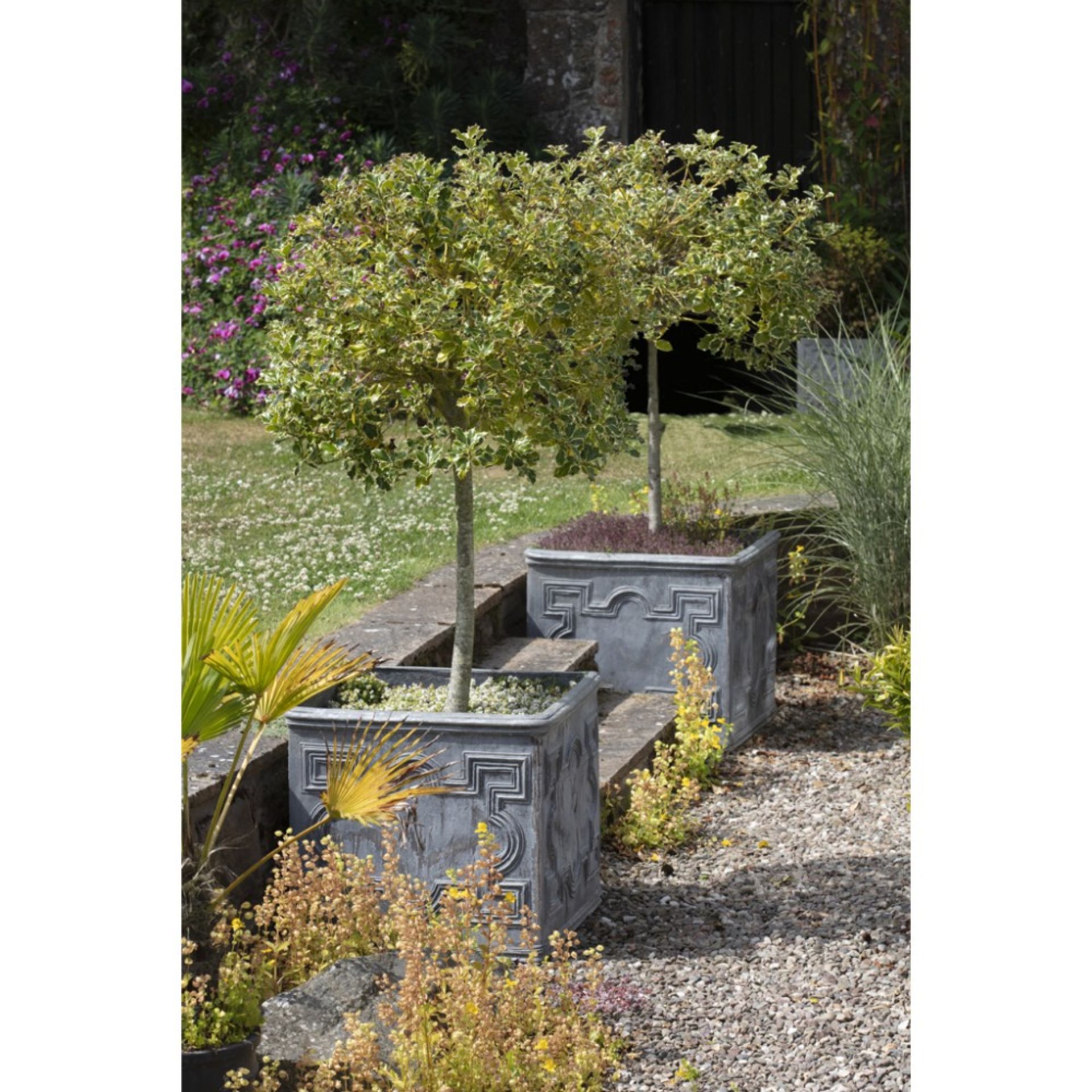 H. CROWTHER, LONDON PAIR OF LARGE CAST LEAD PLANTERS MODERN of square form, with entrelac