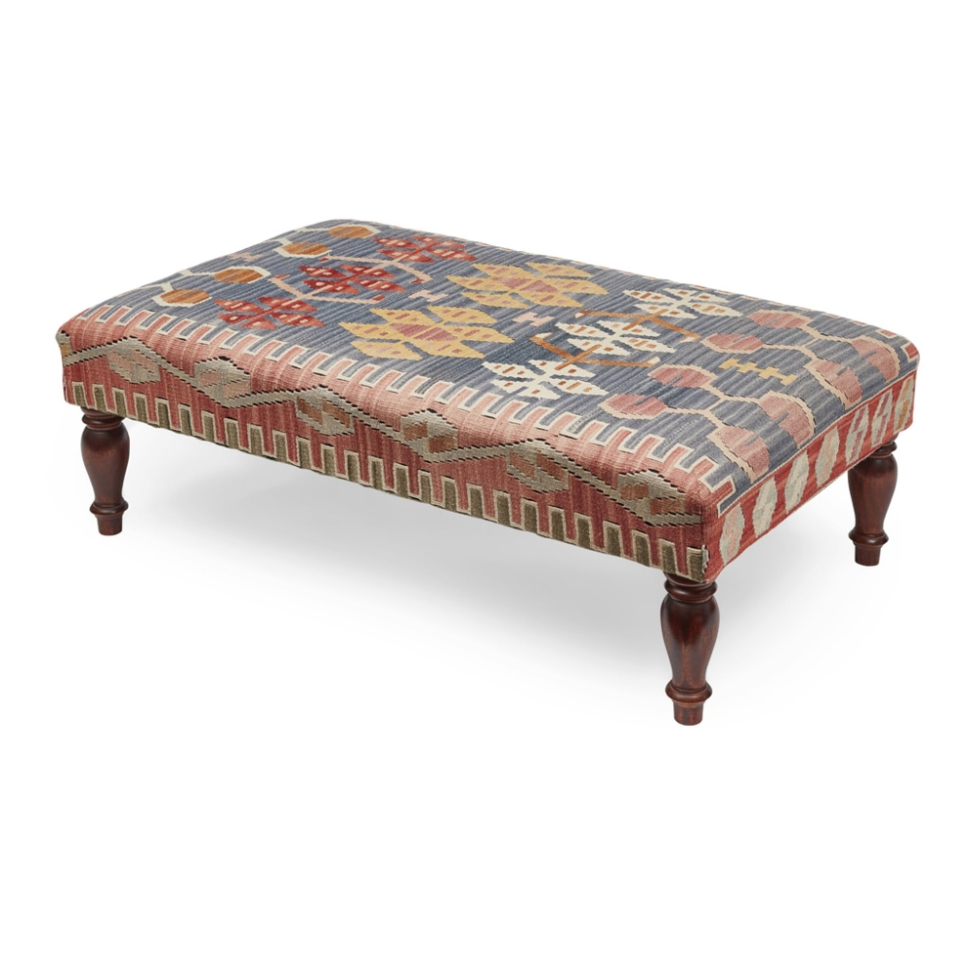 KELIM UPHOLSTERED MAHOGANY CENTRE STOOL MODERN the rectangular upholstered seat, raised on