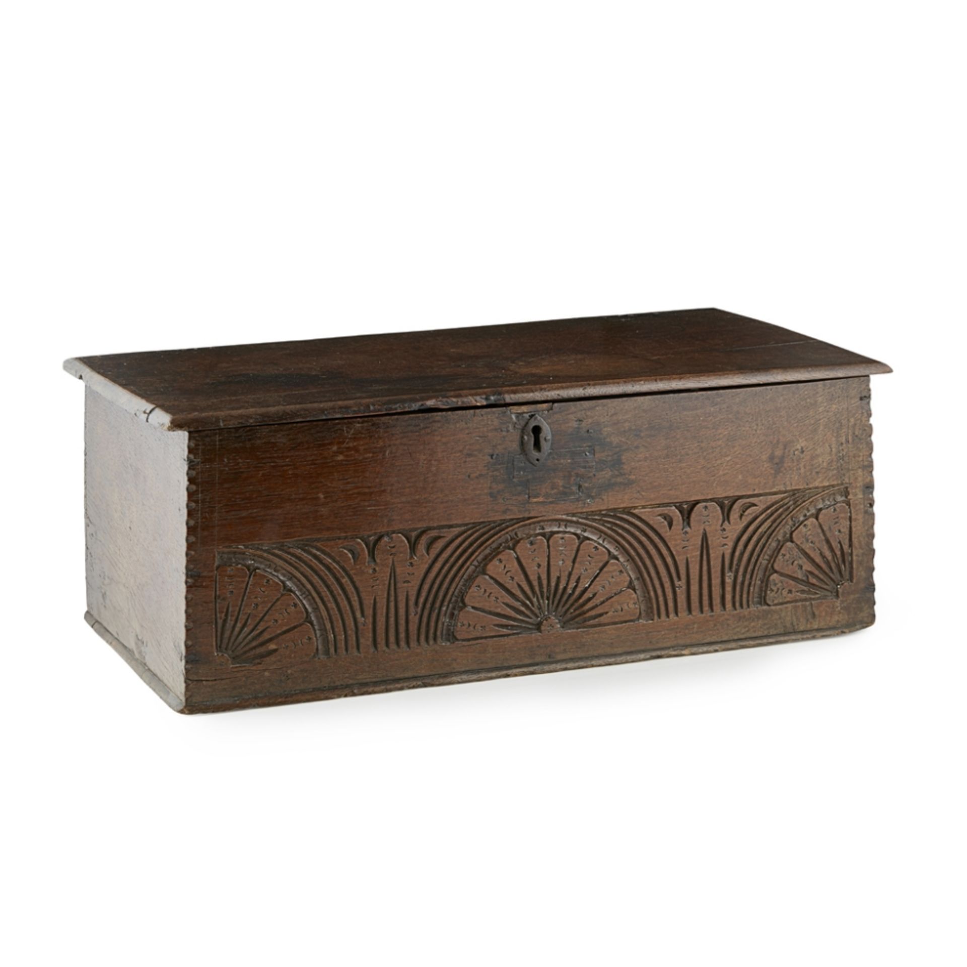 OAK BIBLE BOX 17TH CENTURY with lunette-carving 67cm wide, 25cm high, 35.5cm deep Provenance: - Image 2 of 2