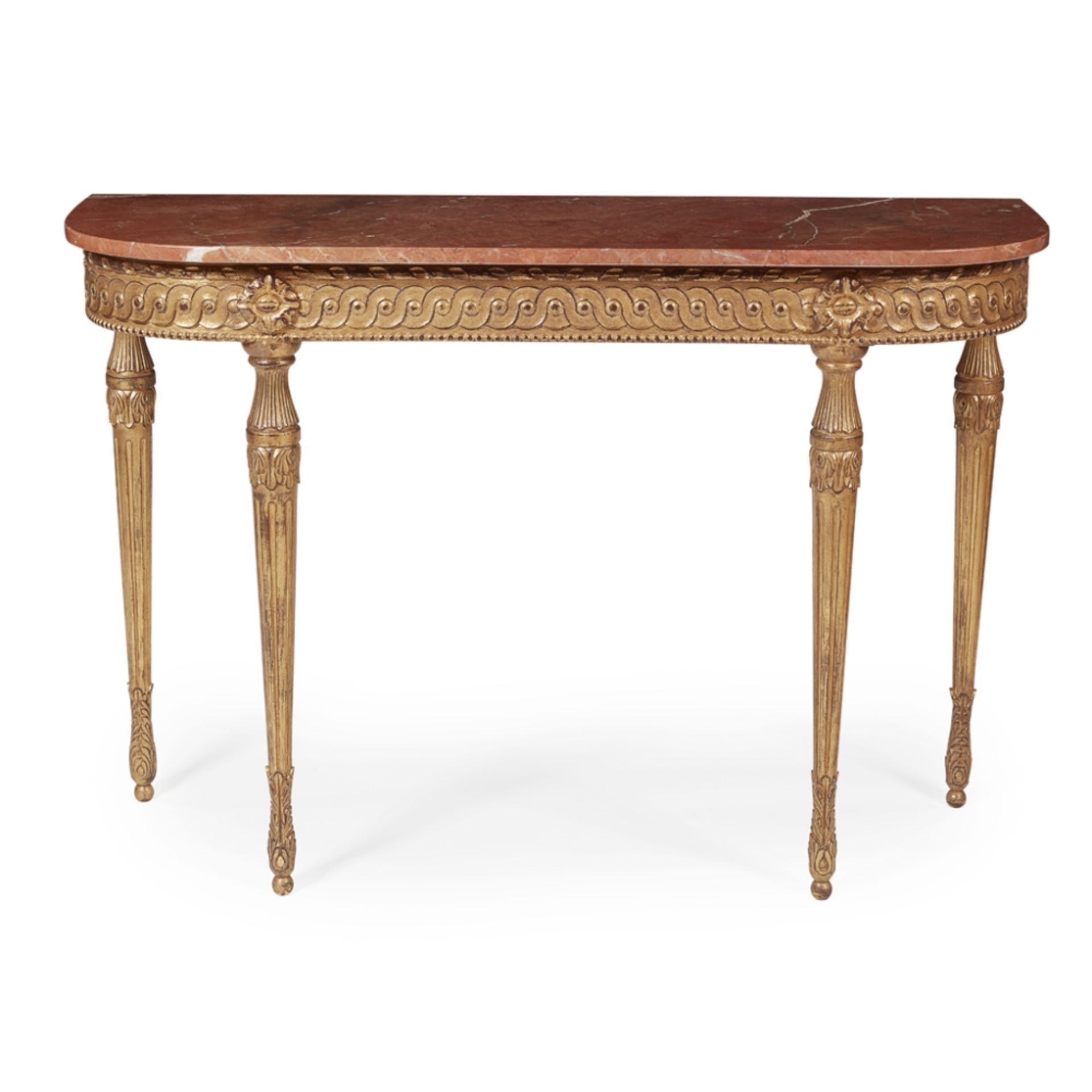 NEOCLASSICAL STYLE MARBLE-TOPPED AND GILTWOOD CONSOLE TABLE 20TH CENTURY of demi-lune form, the