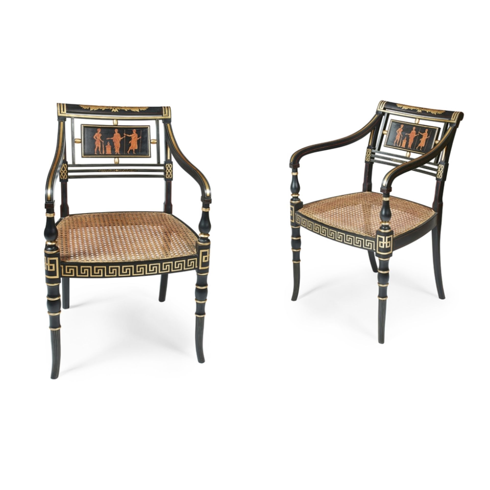 SET OF FOUR REGENCY STYLE EBONISED AND GILT OPEN ARMCHAIRS 20TH CENTURY with curved backs above - Image 2 of 2