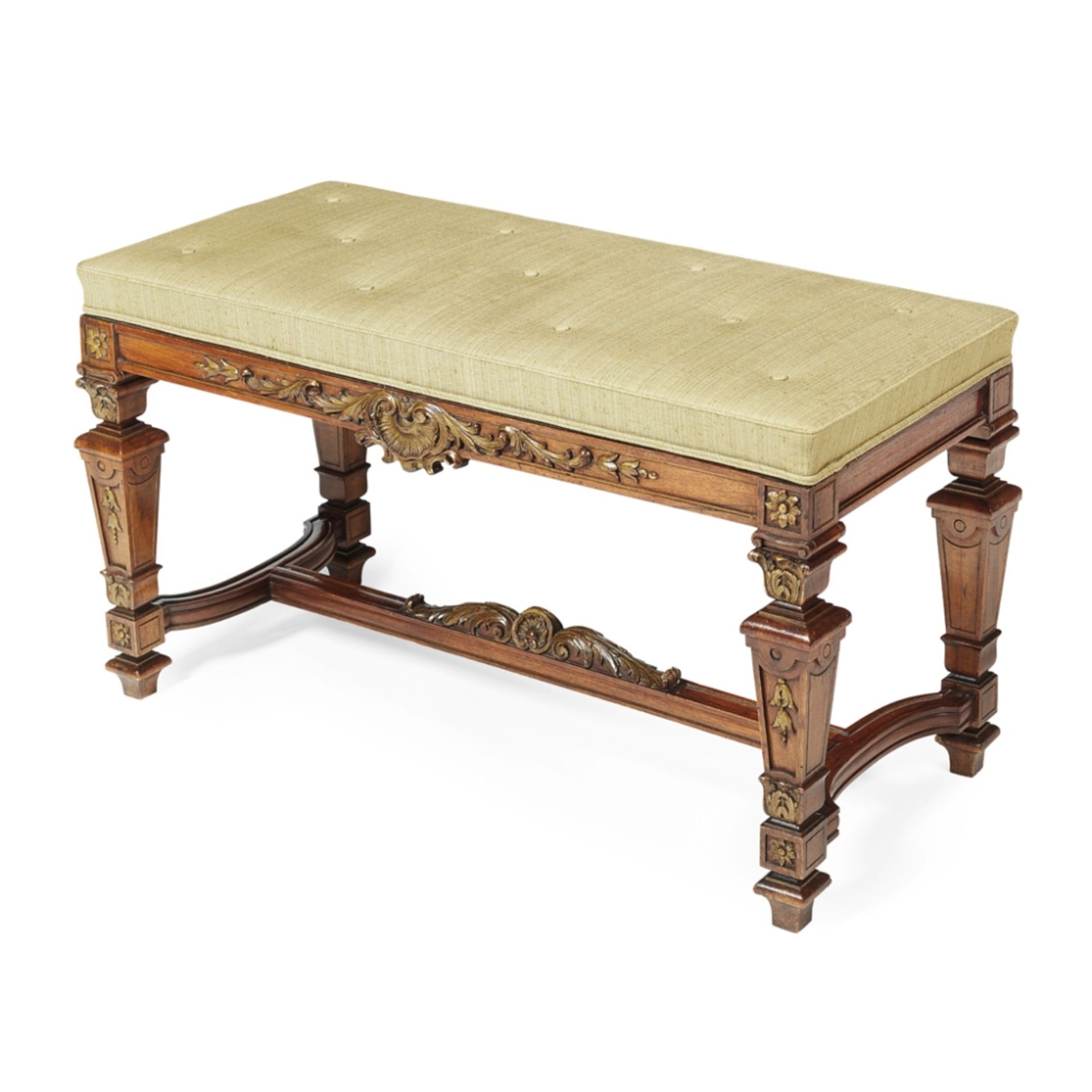 VICTORIAN CARVED WALNUT AND GILT FRAMED LONG STOOL 19TH CENTURY in the French Baroque style, with