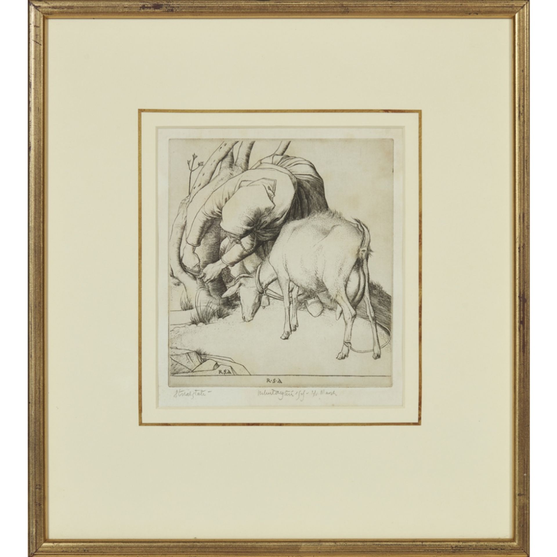 [§] ROBERT SARGENT AUSTIN R.A. (BRITISH 1895-1973) TETHERING A GOAT Etching, 8th trial state, signed