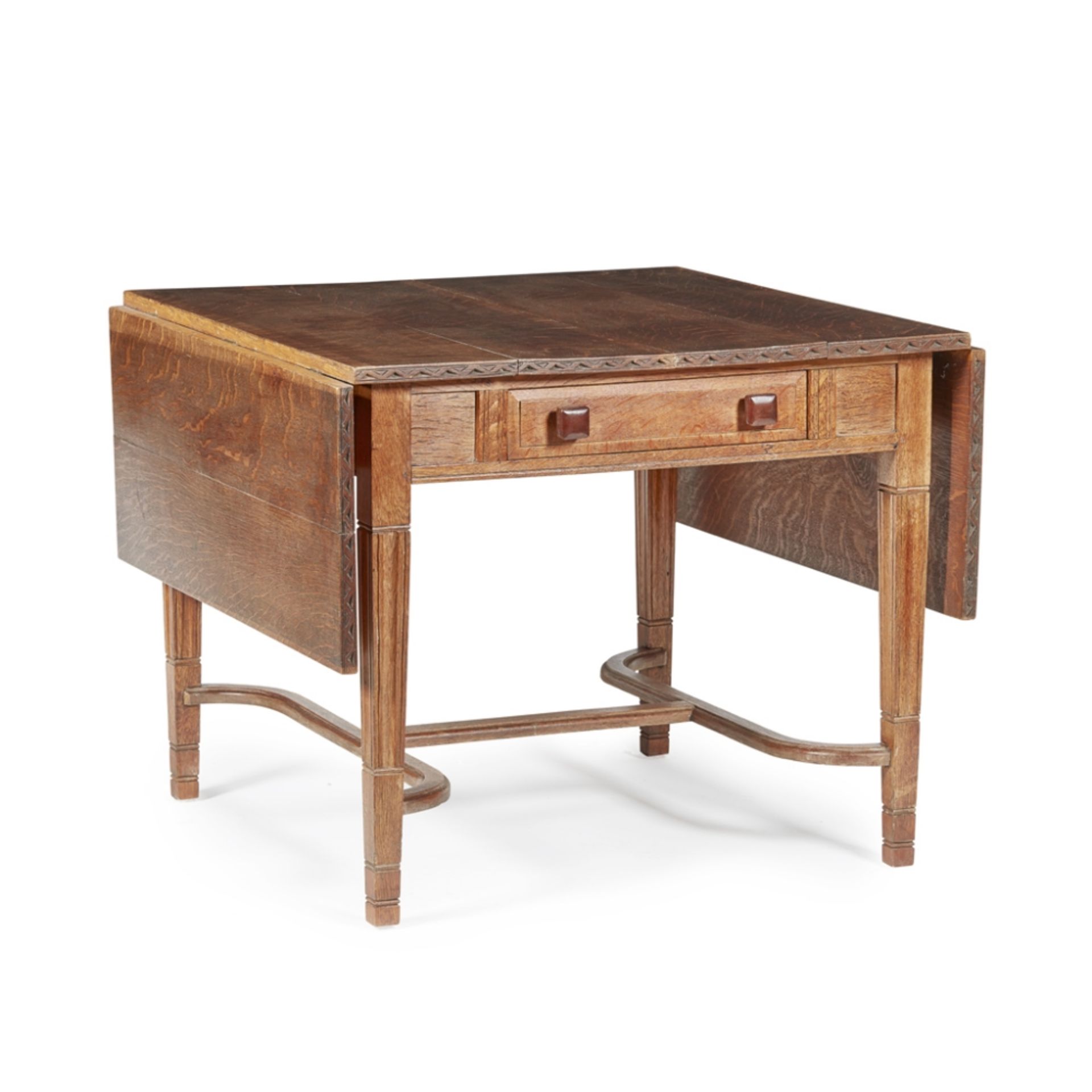 HARRY GREEN ARTS & CRAFTS OAK DROP-LEAF TABLE, DATED 1926 with opposing drawers with square-set