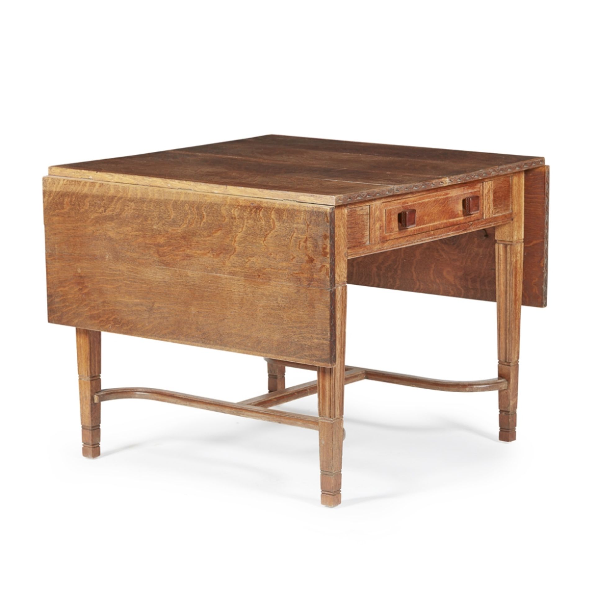 HARRY GREEN ARTS & CRAFTS OAK DROP-LEAF TABLE, DATED 1926 with opposing drawers with square-set - Image 2 of 4