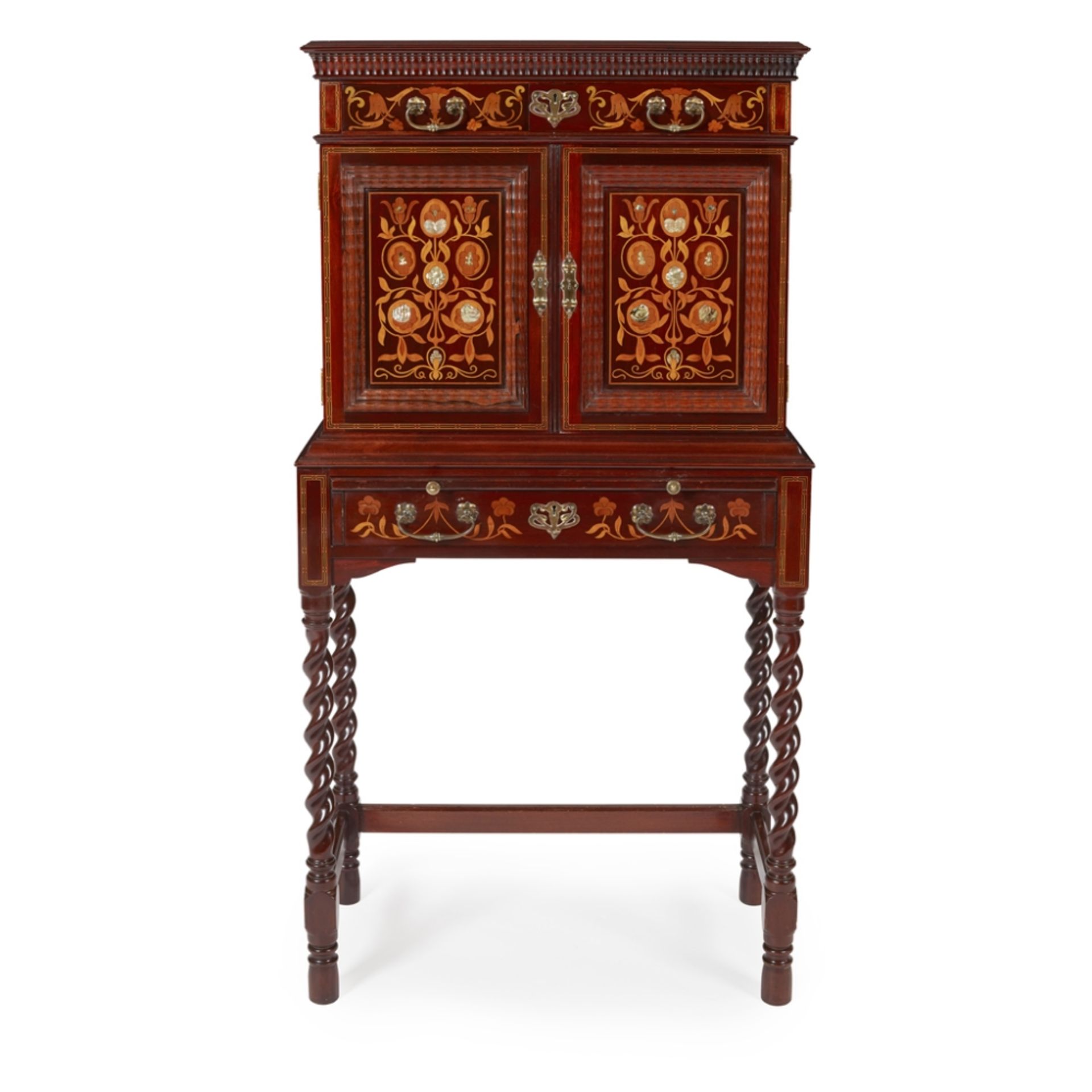 SHAPLAND & PETTER, BARNSTAPLE ARTS & CRAFTS INLAID MAHOGANY CABINET, CIRCA 1900 with marquetry