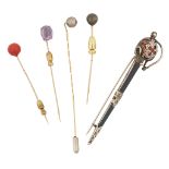 COLLECTION OF GENTLEMAN'S TIE PINS comprising two Tahitian pearl set examples, another set with a