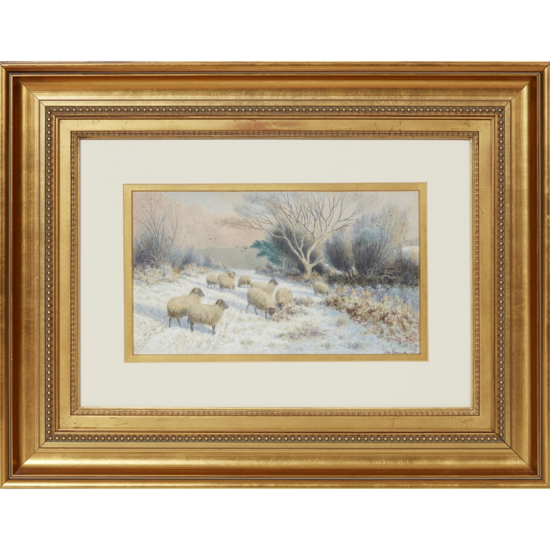 JOHN GRANT (19TH/ 20TH CENTURY, BRITISH) SHEEP IN SNOW Signed and dated ‘86, watercolour 20cm x 85cm