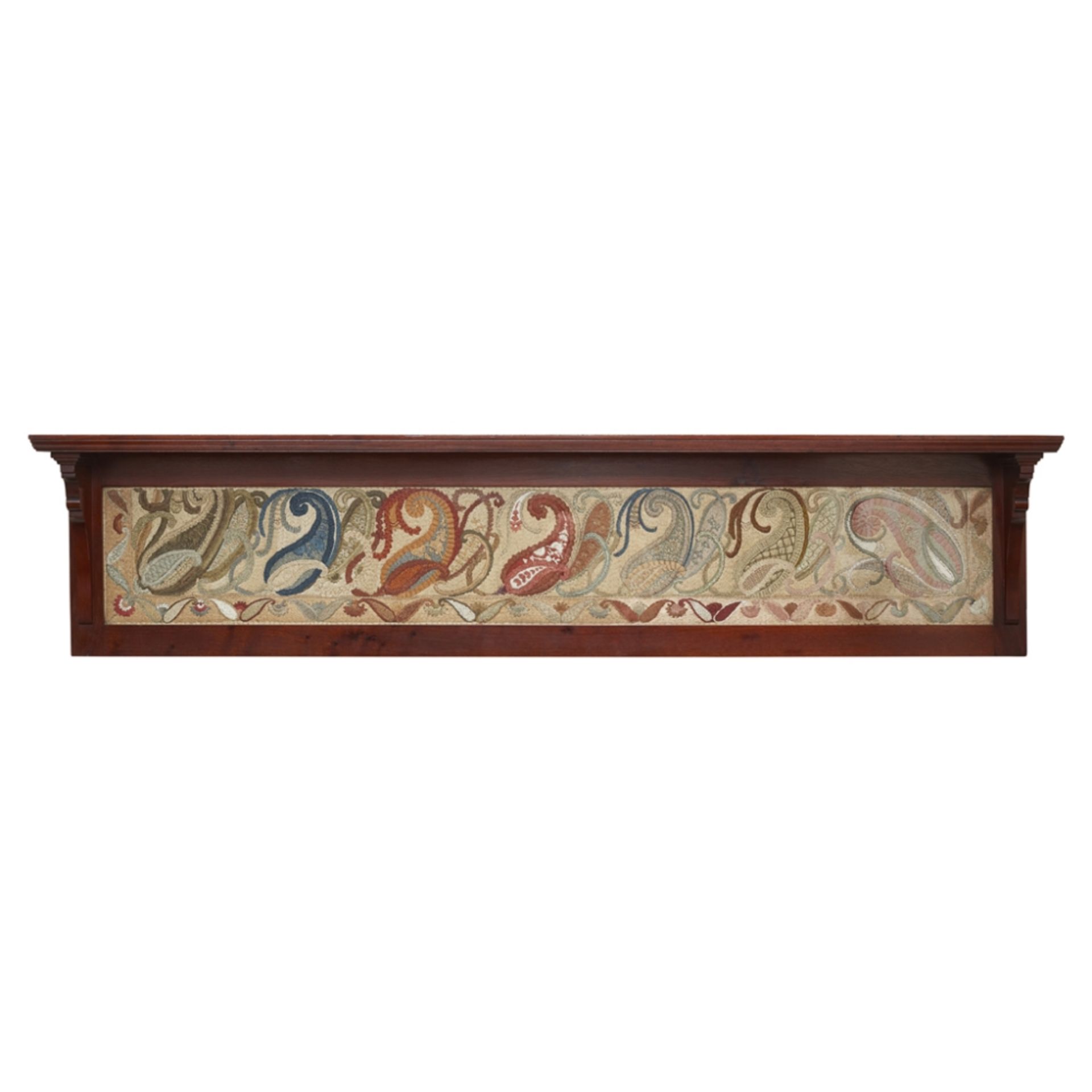 MANNER OF MORRIS & CO. ARTS & CRAFTS MAHOGANY FRAMED NEEDLEWORK PANEL AND WALL SHELF, CIRCA 1890