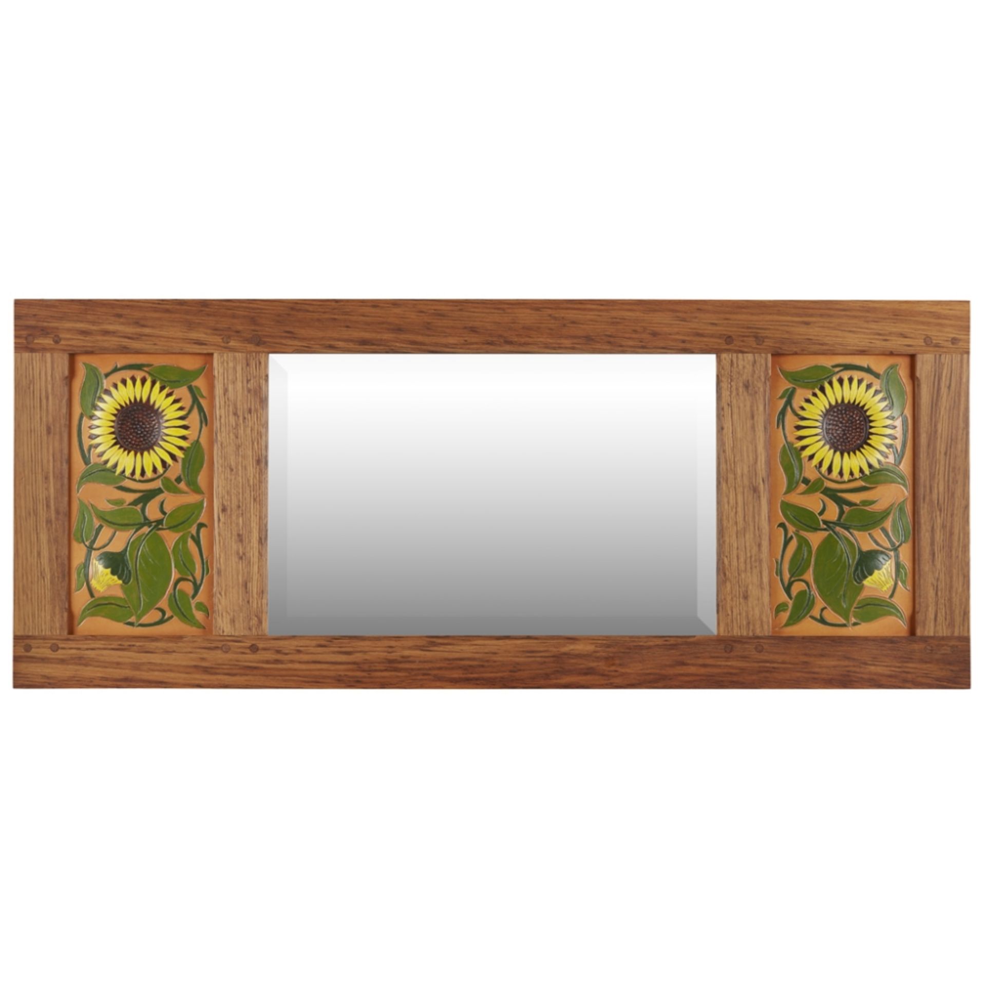 [§] CHRISTOPHER VICKERS OAK AND LEATHER 'SUNFLOWER MIRROR', MODERN of rectangular form, the bevelled