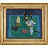 [§] DAVID MCCLURE R.S.A., R.S.W. (SCOTTISH 1926-1998) BLUE AND GREEN STILL LIFE Signed, oil on