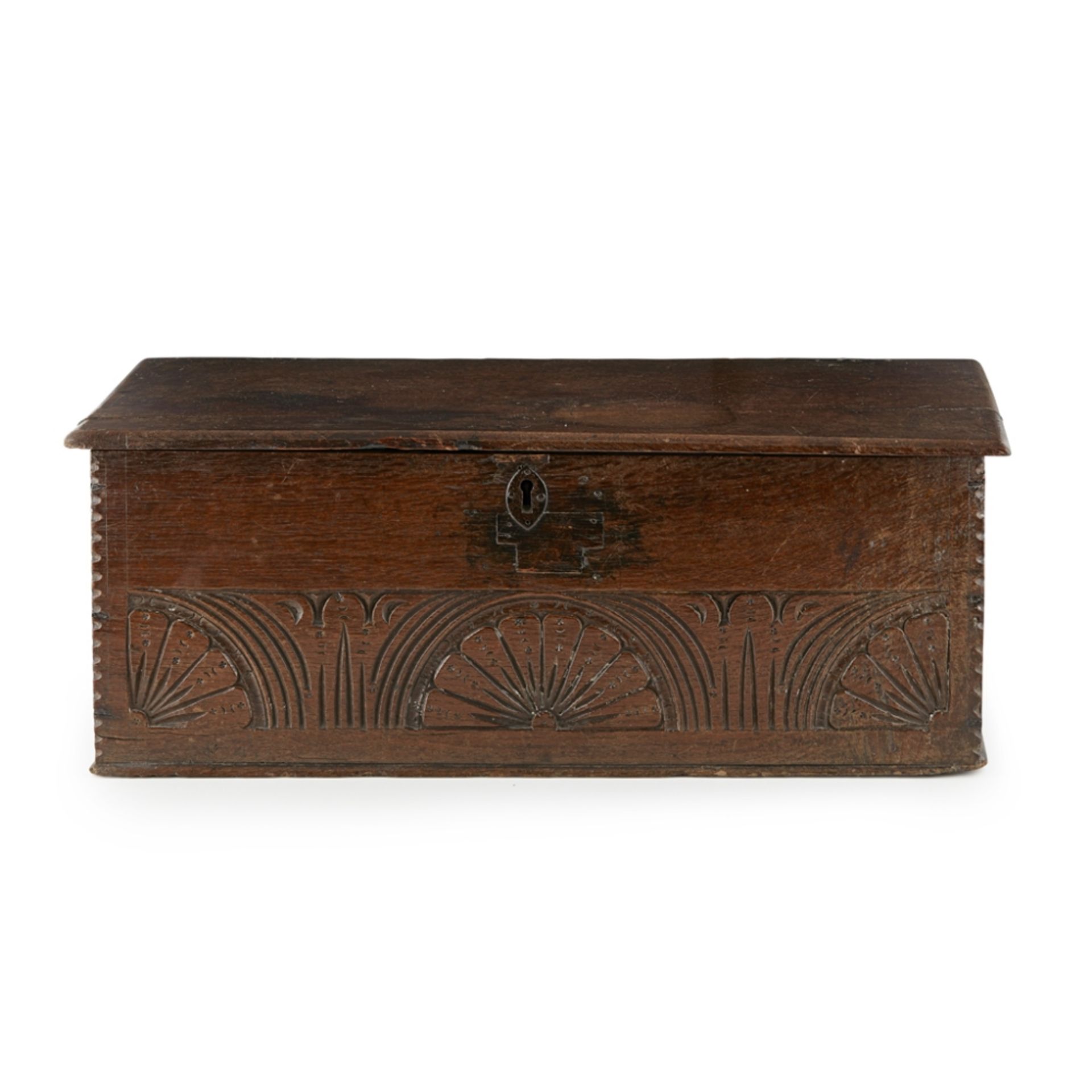 OAK BIBLE BOX 17TH CENTURY with lunette-carving 67cm wide, 25cm high, 35.5cm deep Provenance: