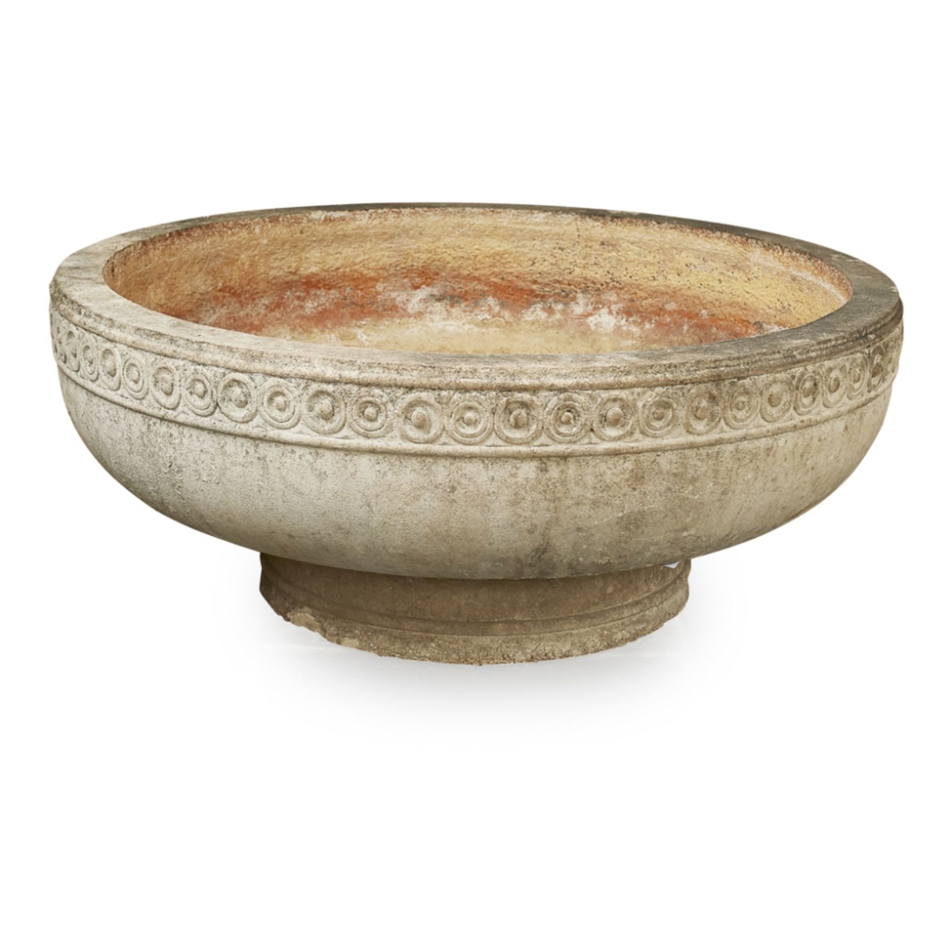 LARGE SHALLOW CIRCULAR STONEWARE BOWL EARLY 20TH CENTURY decorated with a moulded frieze of roundels