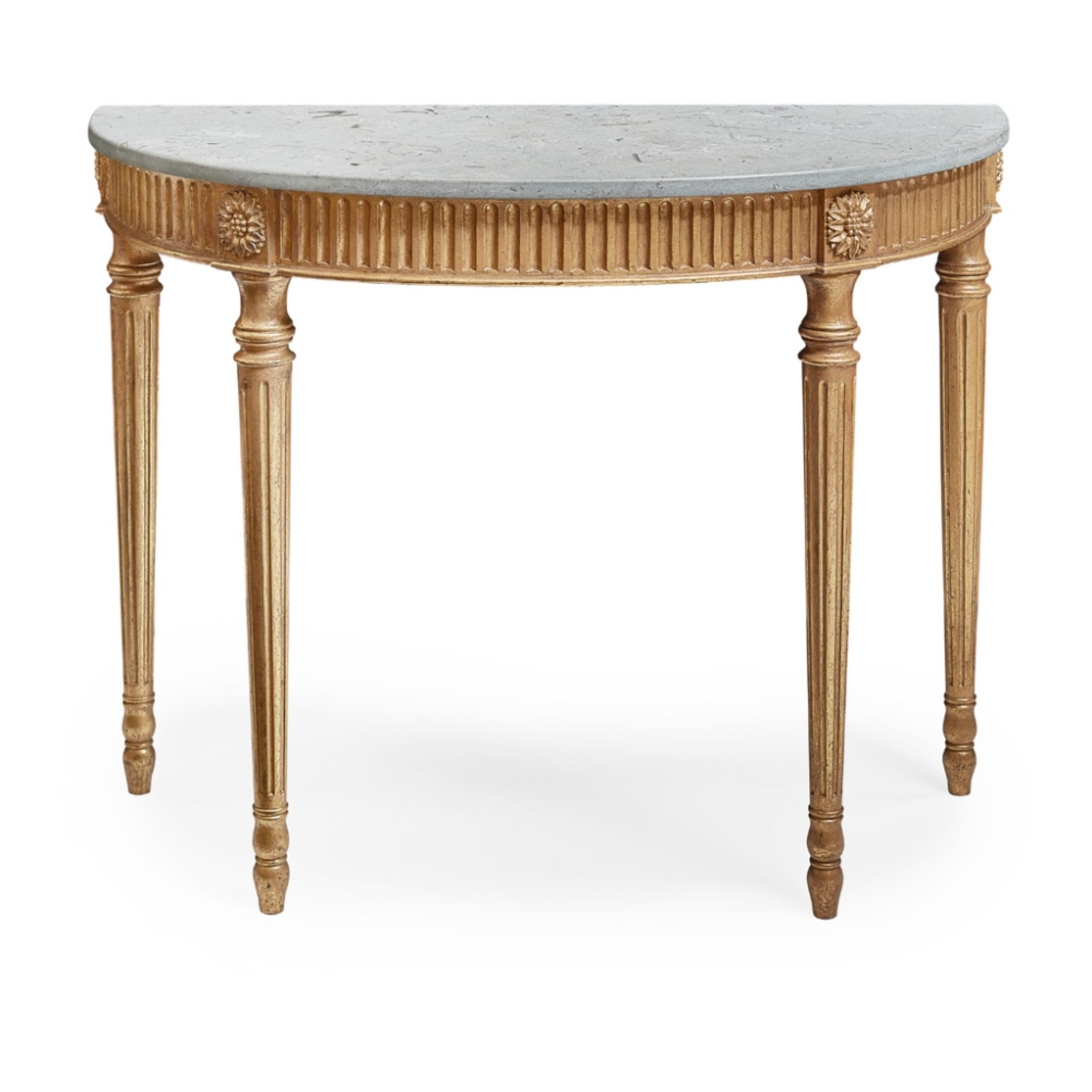 NEOCLASSICAL STYLE MARBLE-TOPPED GILTWOOD CONSOLE TABLE 20TH CENTURY of demi-lune form, the grey