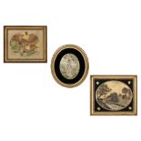 THREE REGENCY SILKWORK PICTURES EARLY 19TH CENTURY the first depicting a lady in a landscape in a