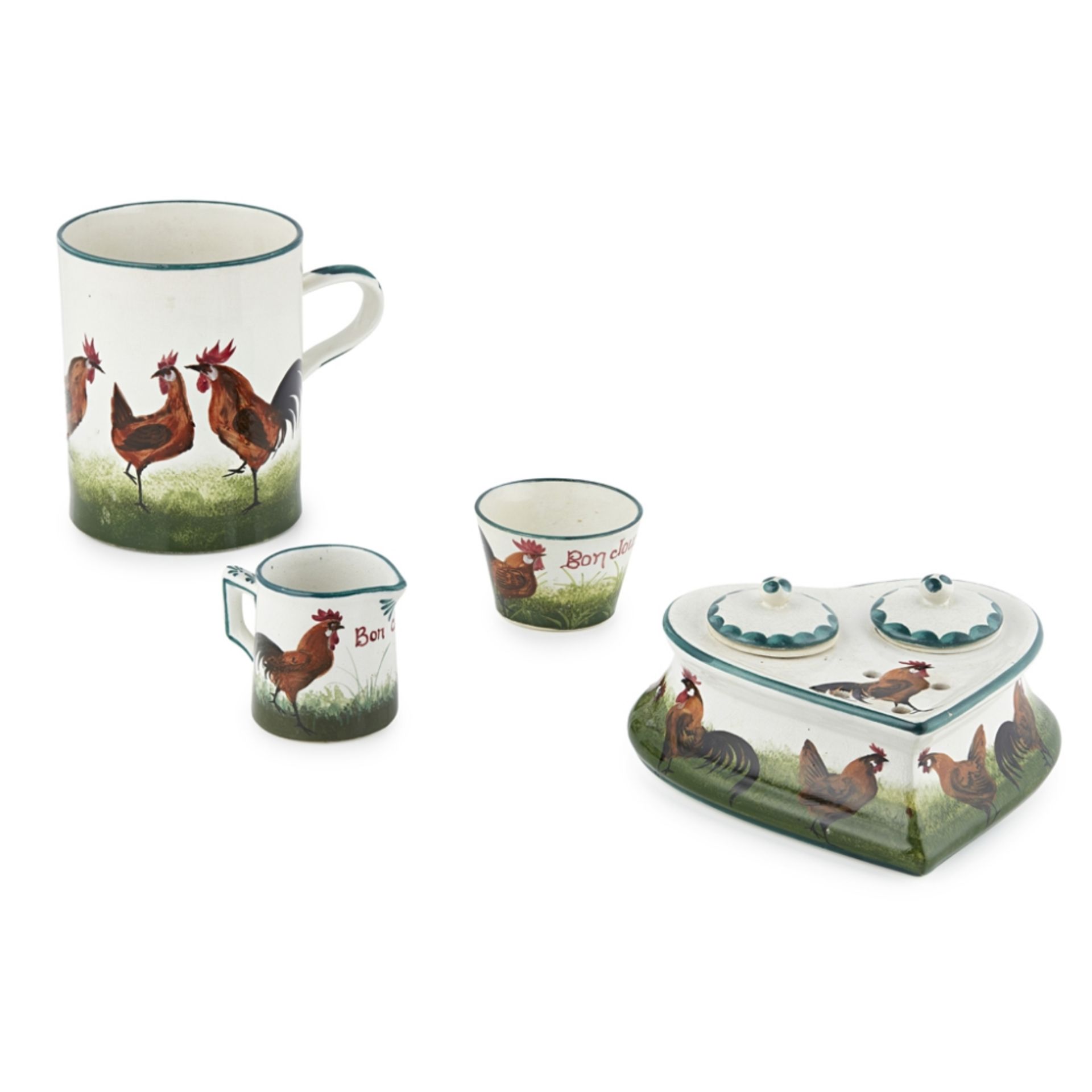 WEMYSS WARE GROUP OF 'BROWNS COCKERELS AND HEN' WARES, EARLY 20TH CENTURY comprising a HEART-
