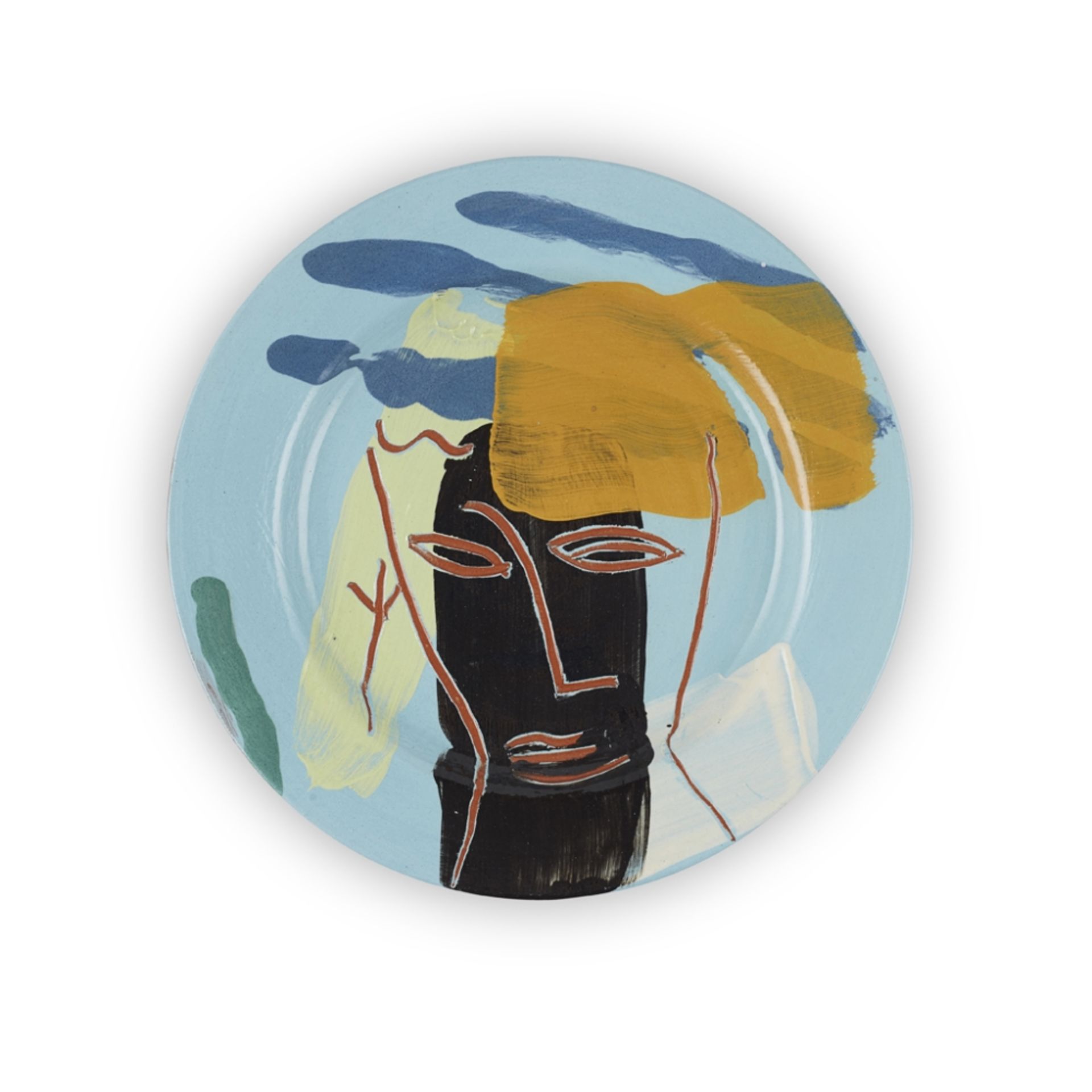 [§] BRUCE MCLEAN (B. 1944) CERAMIC PLATE, CIRCA 1990 painted and incised with a head, painted