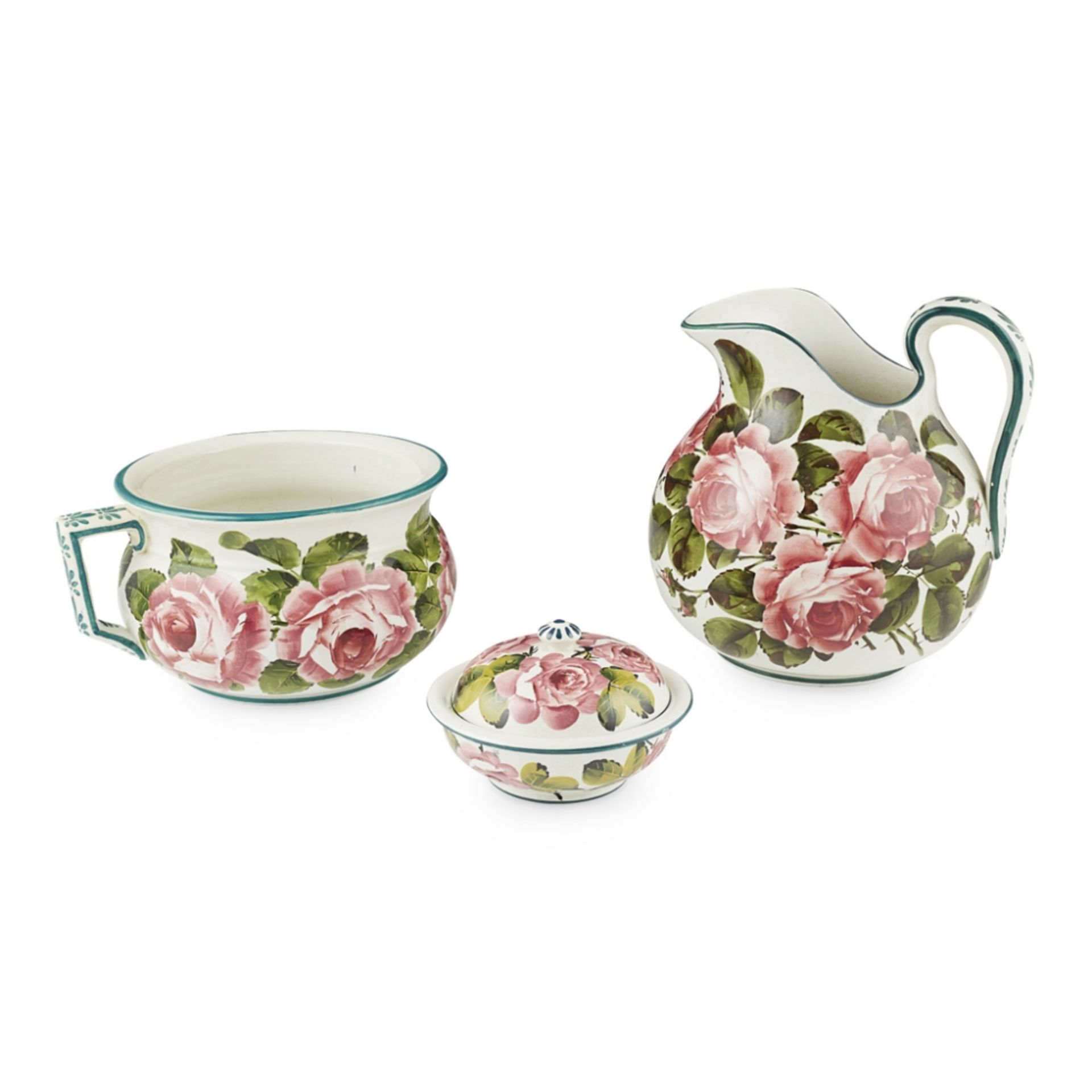 WEMYSS WARE GROUP OF 'CABBAGE ROSES' PATTERN WARES, CIRCA 1900 comprising a EWER, 23cm high; a