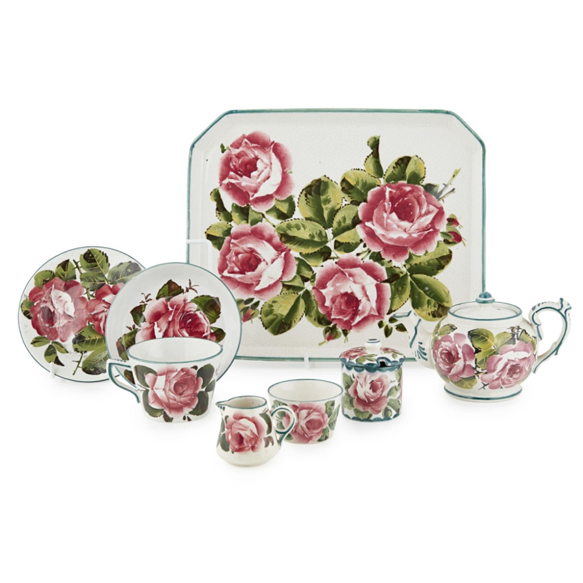 WEMYSS WARE 'CABBAGE ROSES' MATCHED TEA SERVICE, EARLY 20TH CENTURY comprising a TEAPOT, 11.5cm