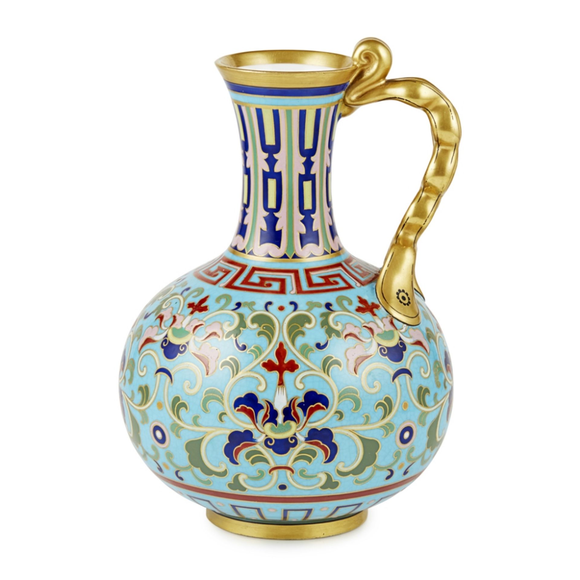 ATTRIBUTED TO CHRISTOPHER DRESSER FOR MINTON & CO. 'CLOISONNÉ' PORCELAIN EWER, CIRCA 1870 with