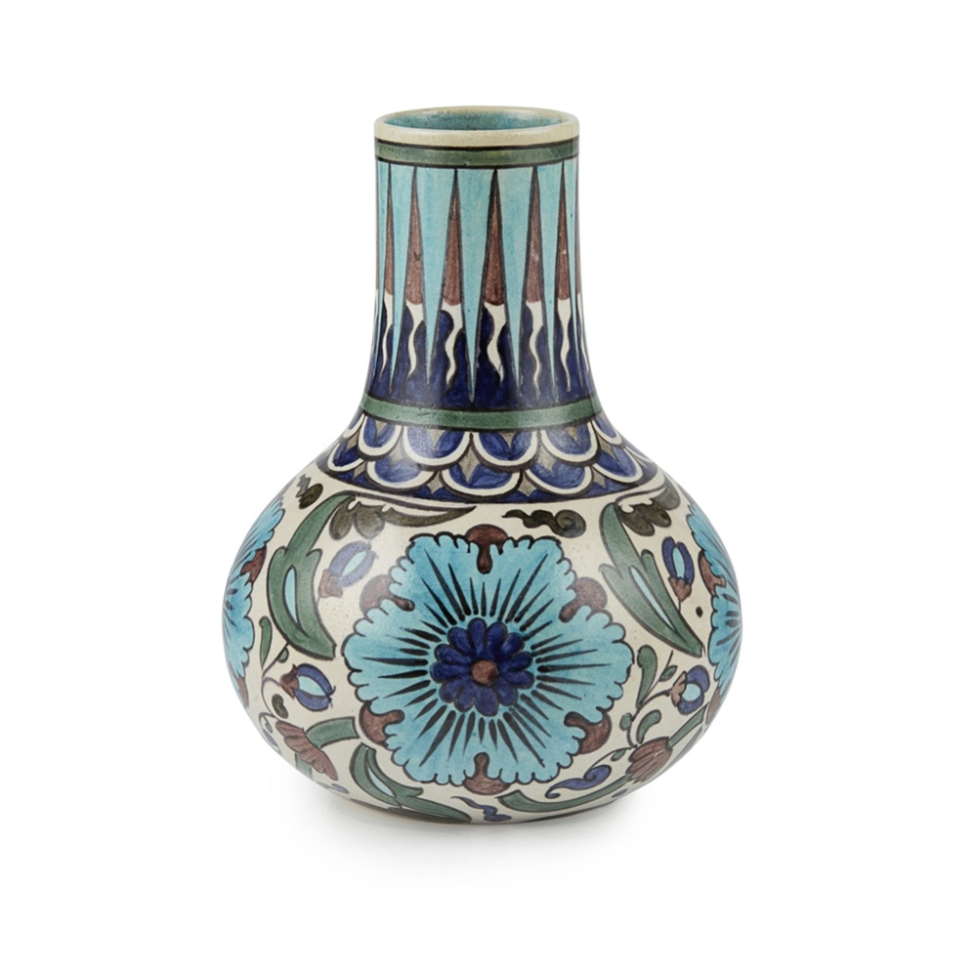 BURMANTOFTS POTTERY, LEEDS ANGLO-PERSIAN FAIENCE BOTTLE VASE, CIRCA 1895 decorated with a frieze