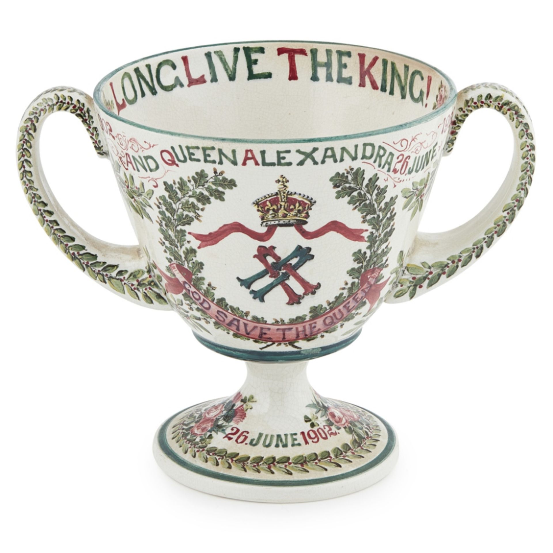 WEMYSS WARE TWIN-HANDLED COMMEMORATIVE GOBLET AND COVER, DATED 1902 probably decorated by Karel - Image 2 of 3