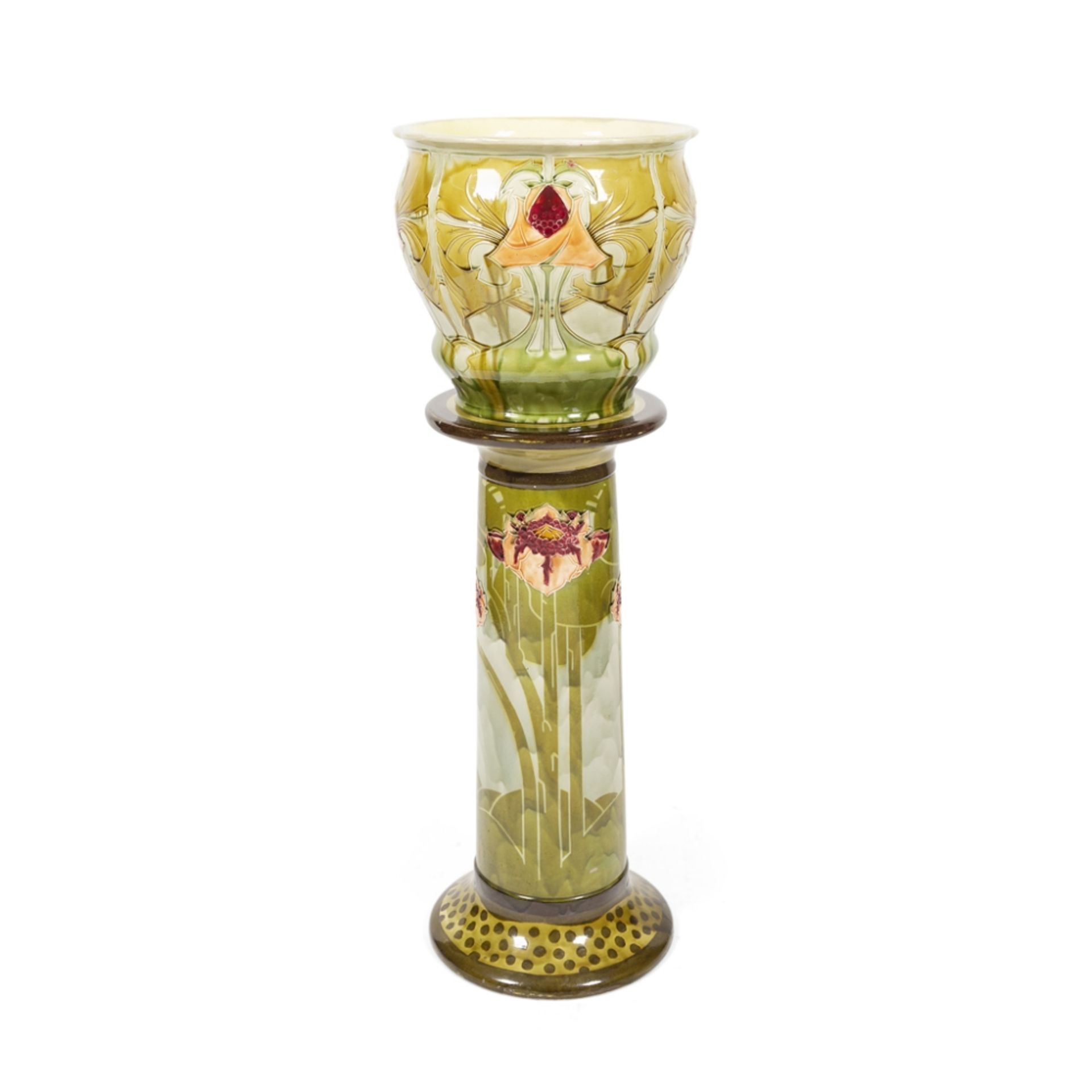 MINTON & CO. SECESSIONIST JARDINIÈRE & MATCHED STAND, CIRCA 1900 each decorated in tube-line and