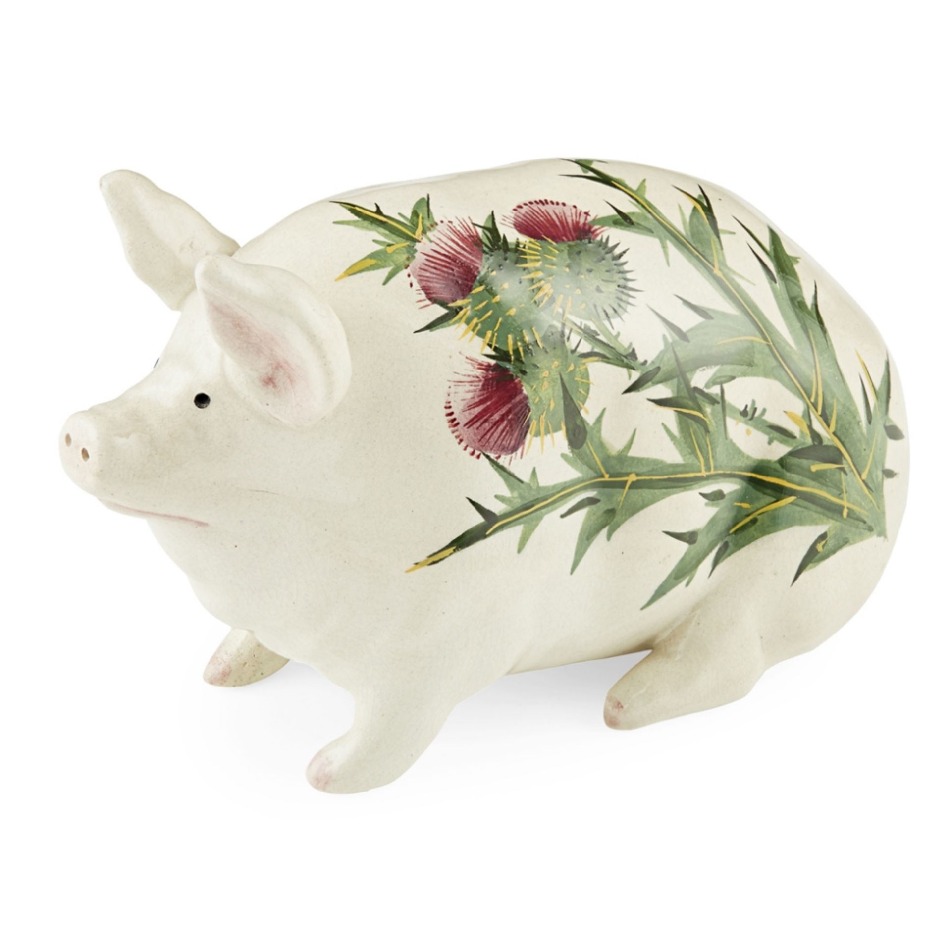 WEMYSS WARE SMALL 'THISTLES' PATTERN PIG FIGURE, CIRCA 1900 impressed and painted maker's mark '