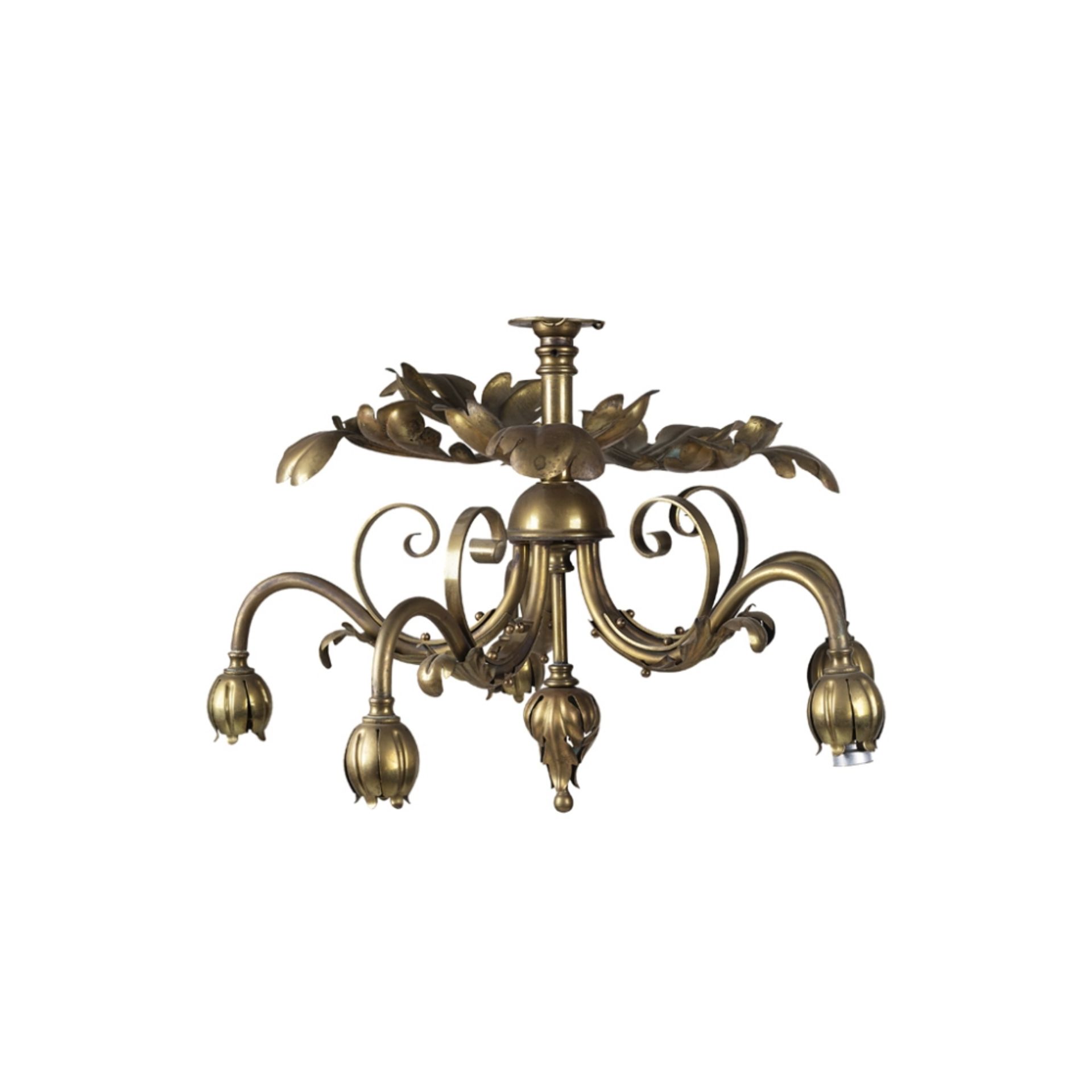 MANNER OF W.A.S. BENSON ARTS & CRAFTS BRASS CEILING LIGHT, CIRCA 1900 with five scrolling arms