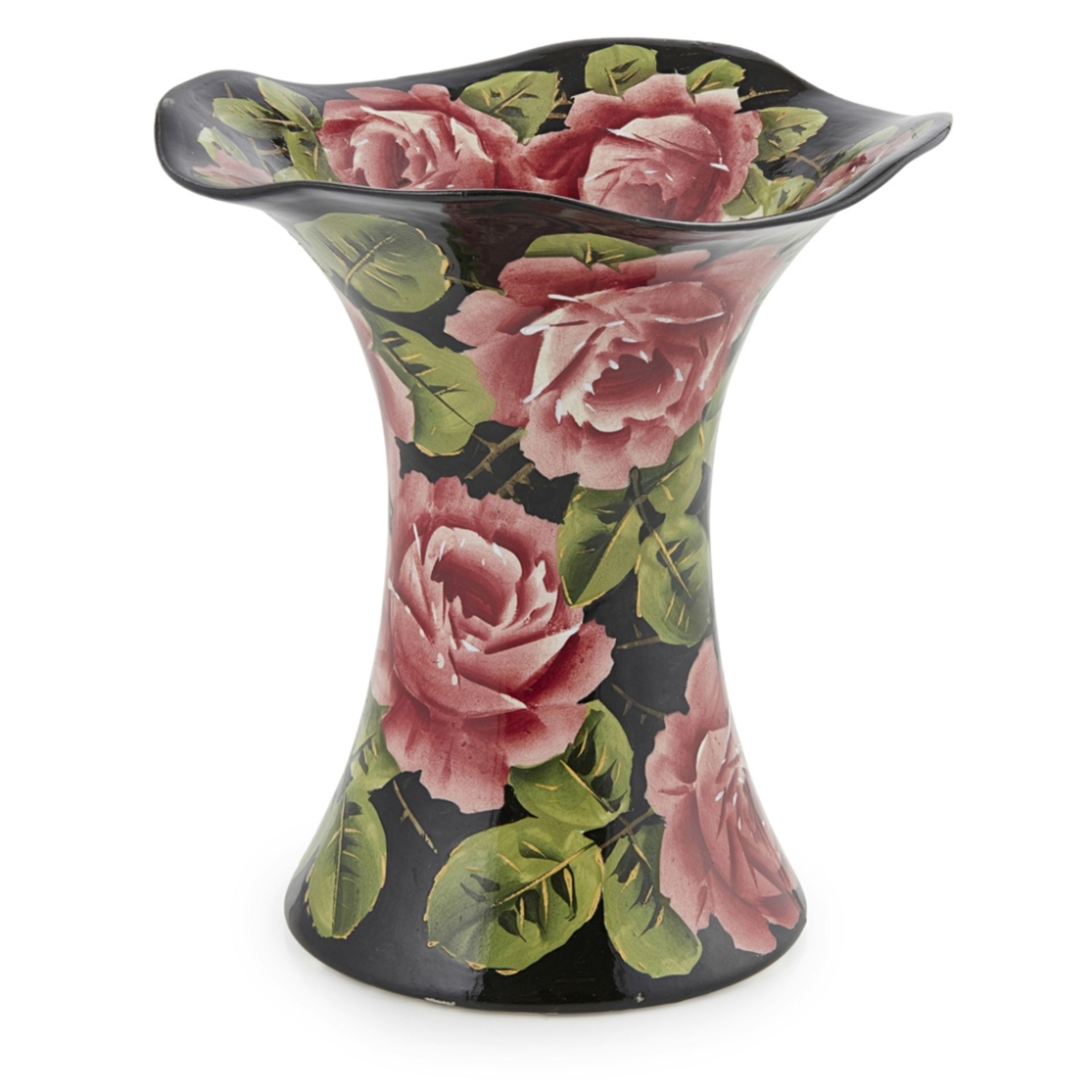 WEMYSS WARE LARGE 'CABBAGE ROSES' LADY EVA VASE, EARLY 20TH CENTURY decorated on a black ground by