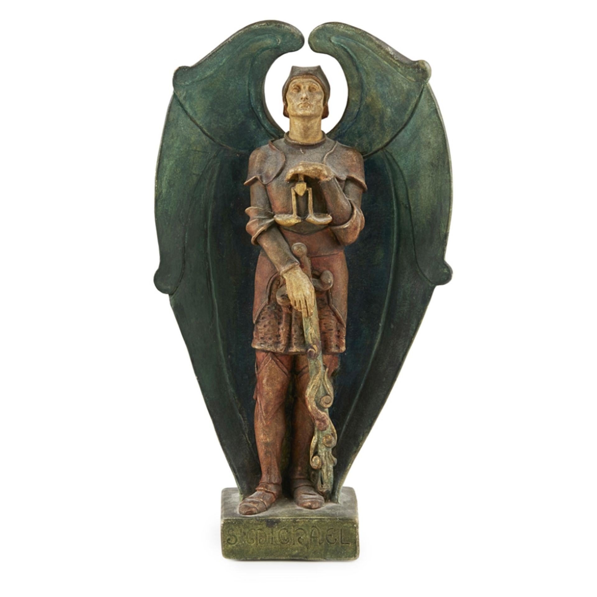 COMPTON POTTERS’ ART GUILD LARGE POTTERY FIGURE OF ST MICHAEL, CIRCA 1920 painted in tempera,