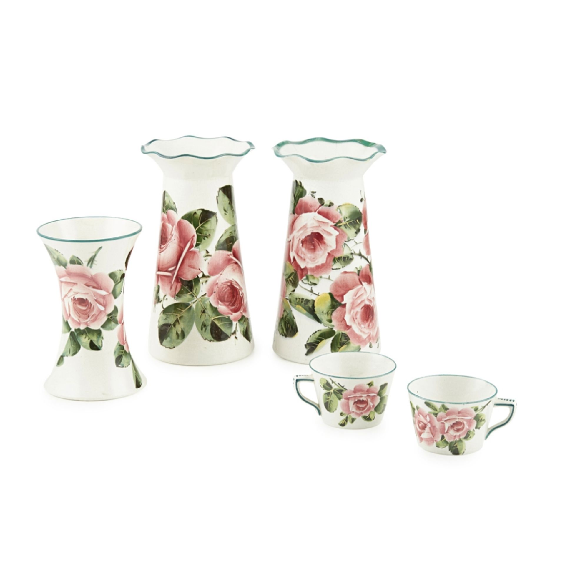 WEMYSS WARE PAIR OF 'CABBAGE ROSES' PATTERN GROSVENOR VASES, CIRCA 1900 21cm high; a 'CABBAGE ROSES'