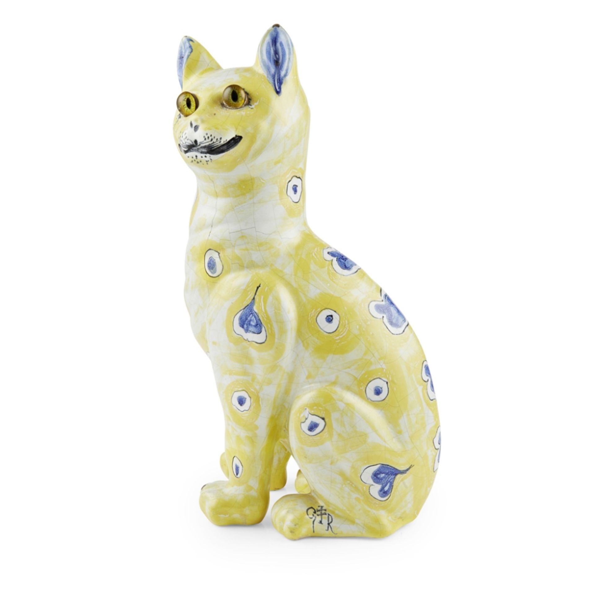 EMILE GALLE (1846-1904) ART NOUVEAU FAIENCE CAT FIGURE, CIRCA 1890 with applied glass eyes,