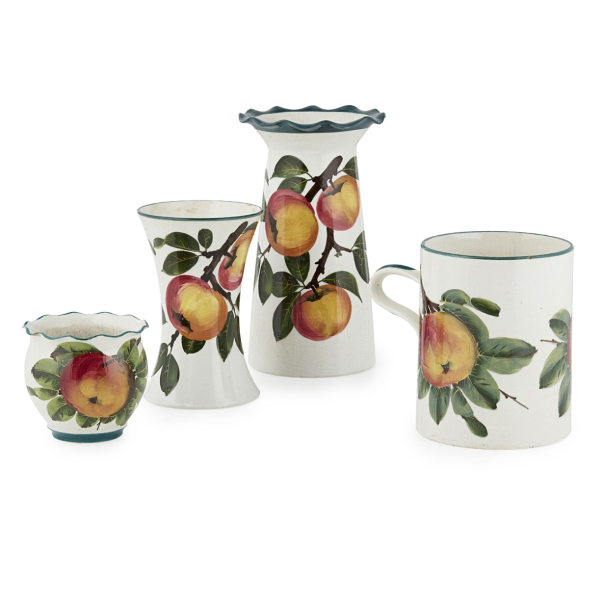 WEMYSS WARE GROUP OF 'APPLES' WARES, CIRCA 1900 comprising a GROSVENOR VASE, 21cm high; a BEAKER