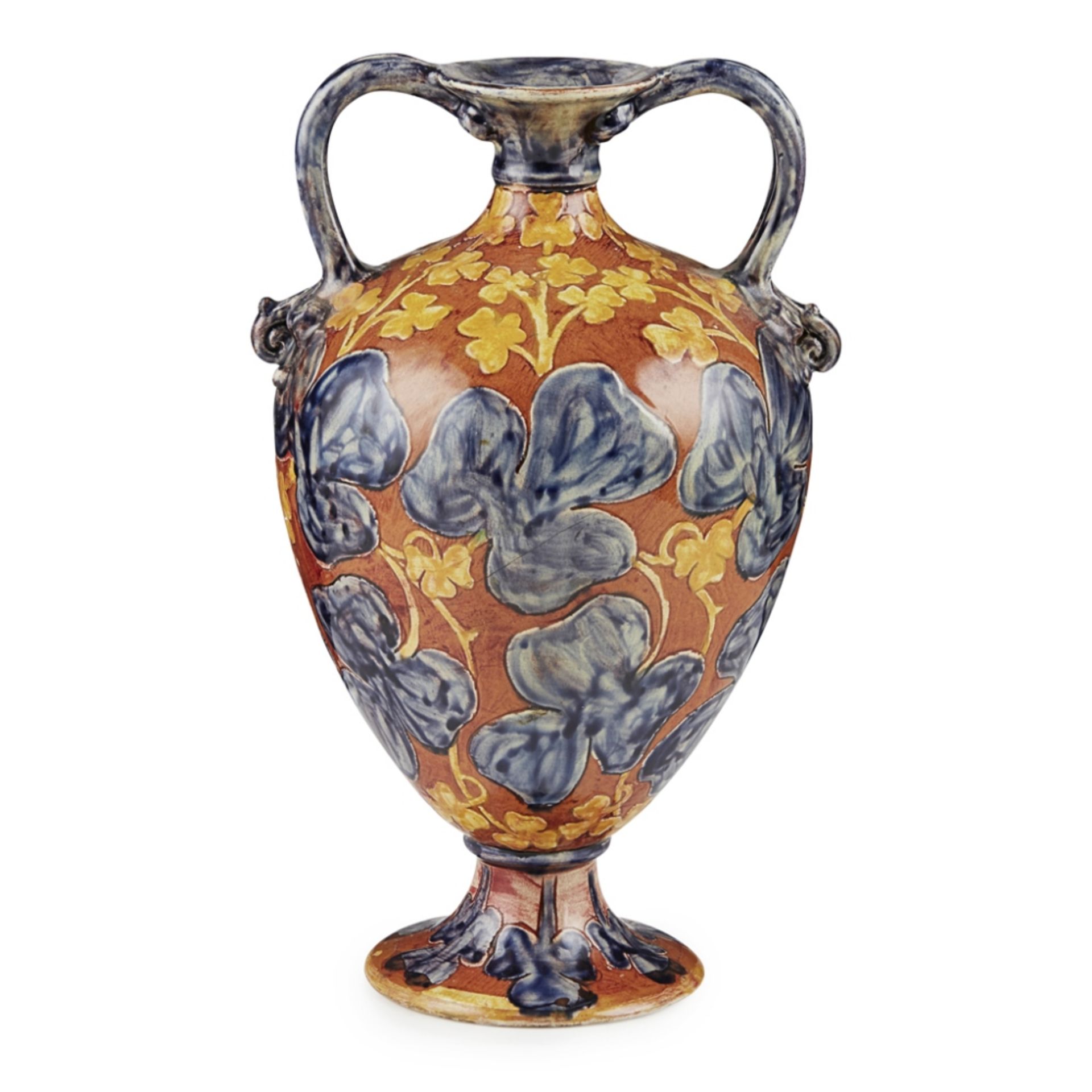 ARTHUR E. BELLS FOR DELLA ROBBIA POTTERY, BIRKENHEAD TWIN-HANDLED BALUSTER VASE, CIRCA 1900