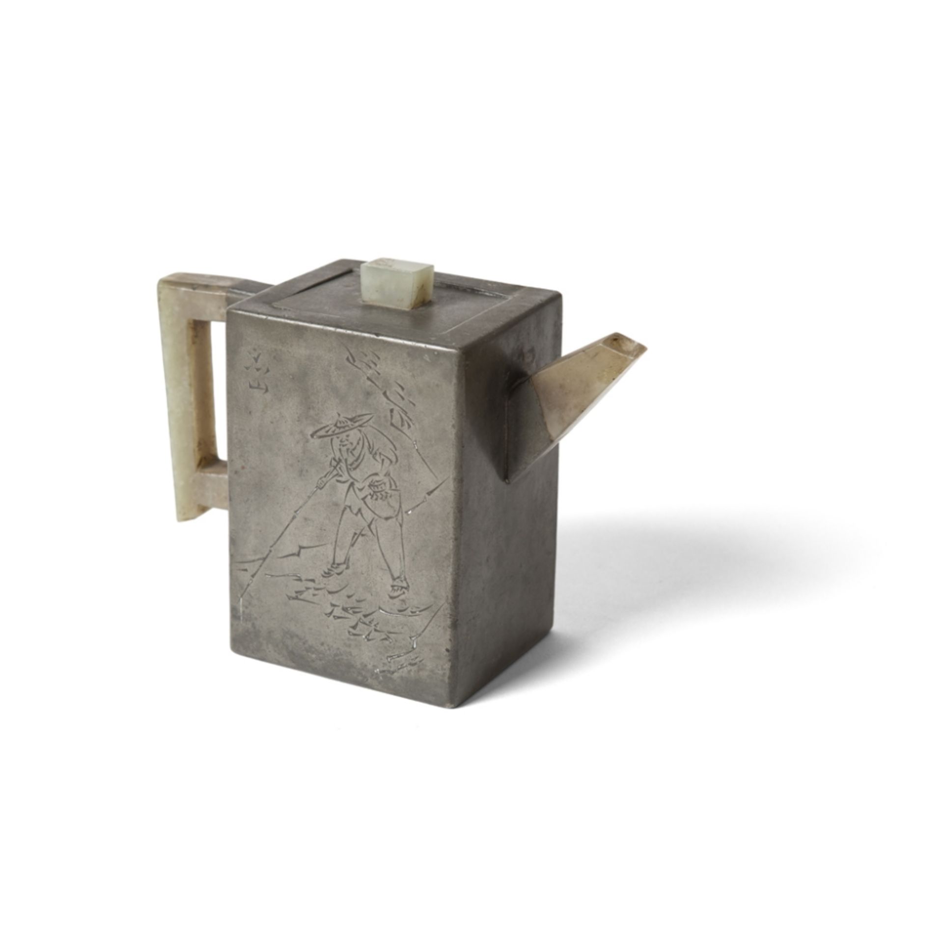 JADE MOUNTED PEWTER TEAPOTSIGNED WANG QIA of rectangular section, mounted with a jade spout, - Image 2 of 2