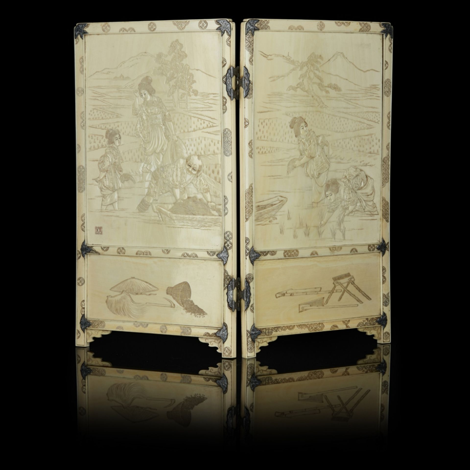 FINE SHIBAYAMA-INLAID IVORY TWO-FOLD SCREENMEIJI PERIOD each fold inlaid in mother-of-pearl, - Image 2 of 2