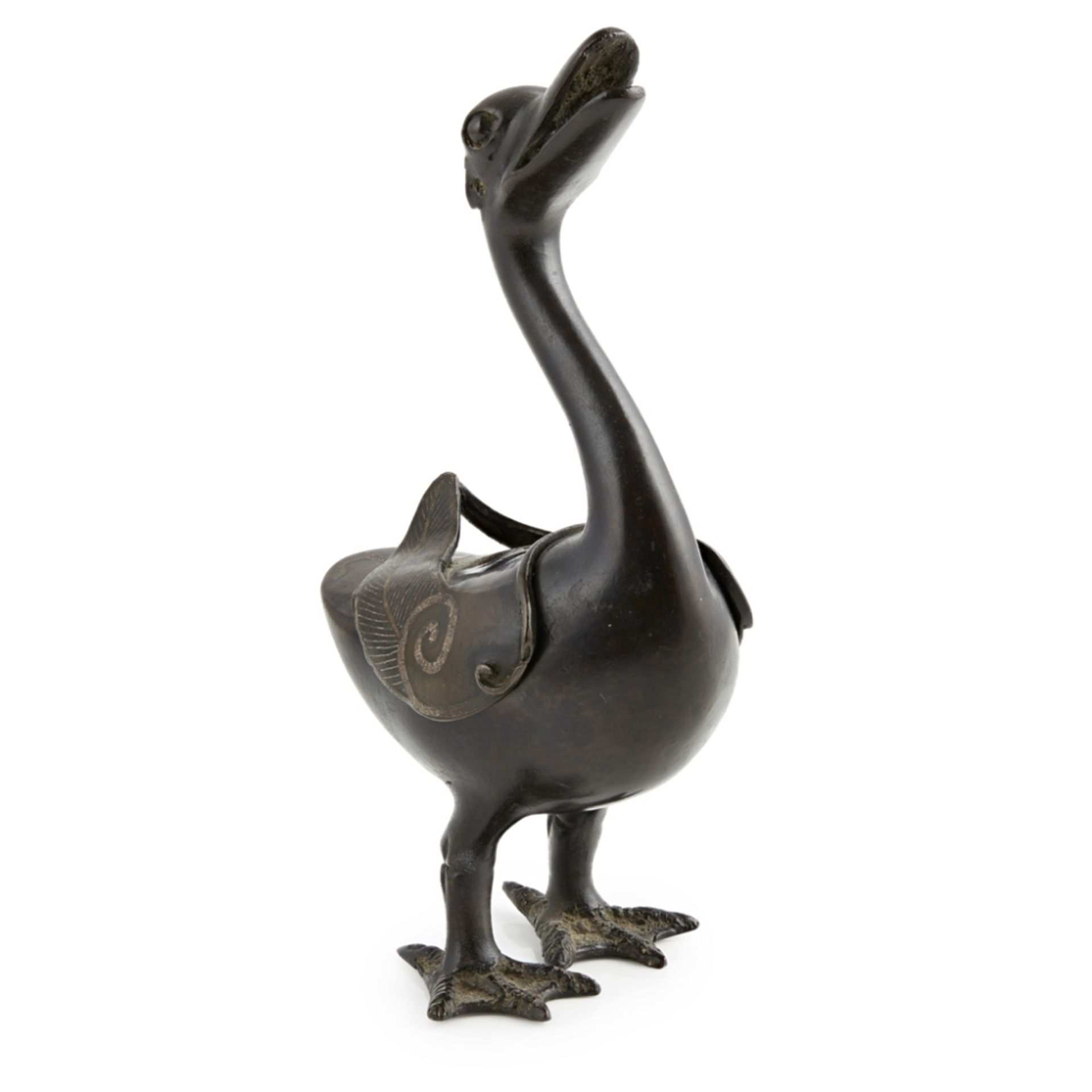 GOLD AND SILVER INLAID BRONZE DUCK-FORM CENSER AND COVERQING DYNASTY, 18TH CENTURY cast standing