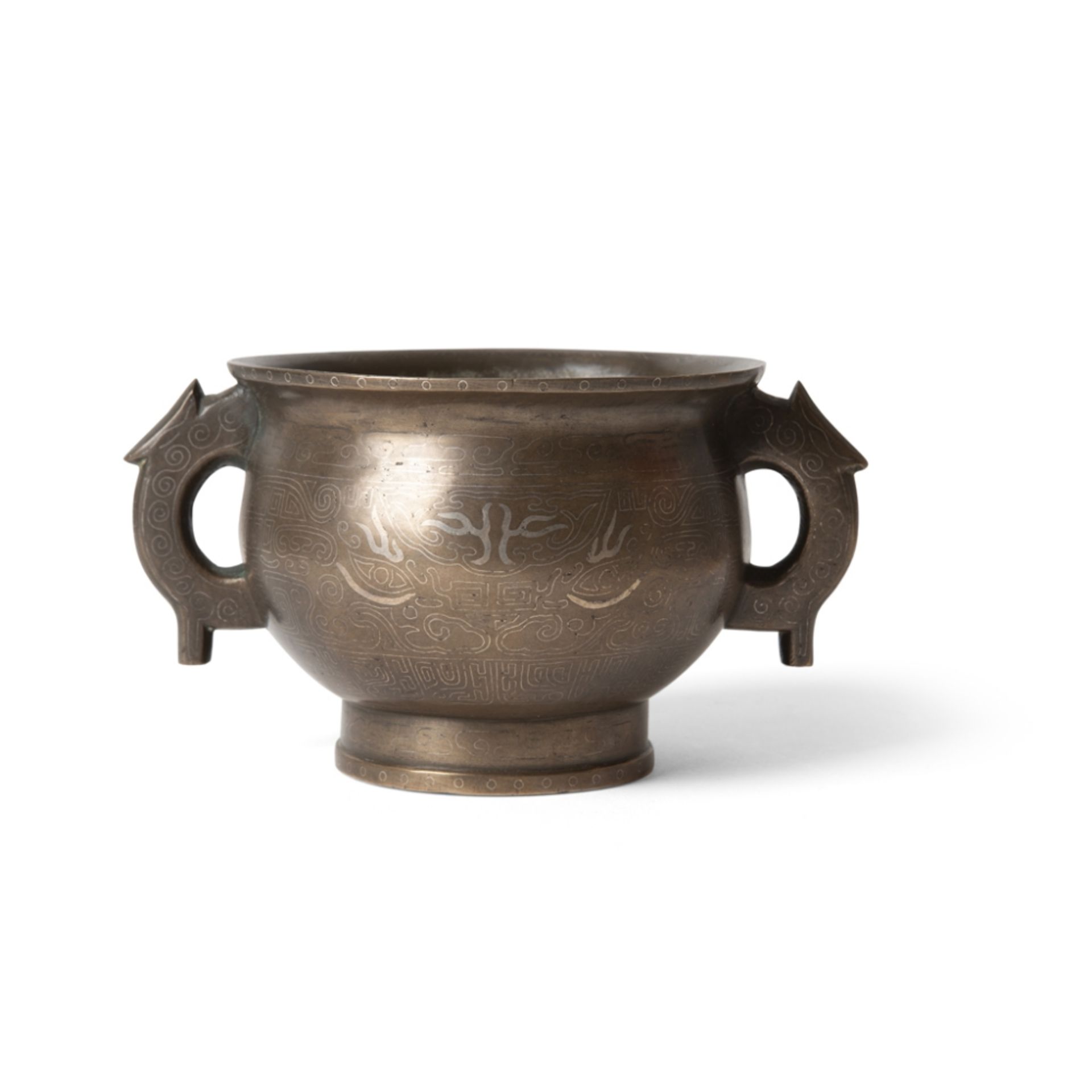 SILVER-INLAID BRONZE CENSER, GUISHI SOU MARK, 19TH CENTURY of archaistic gui form, the gently